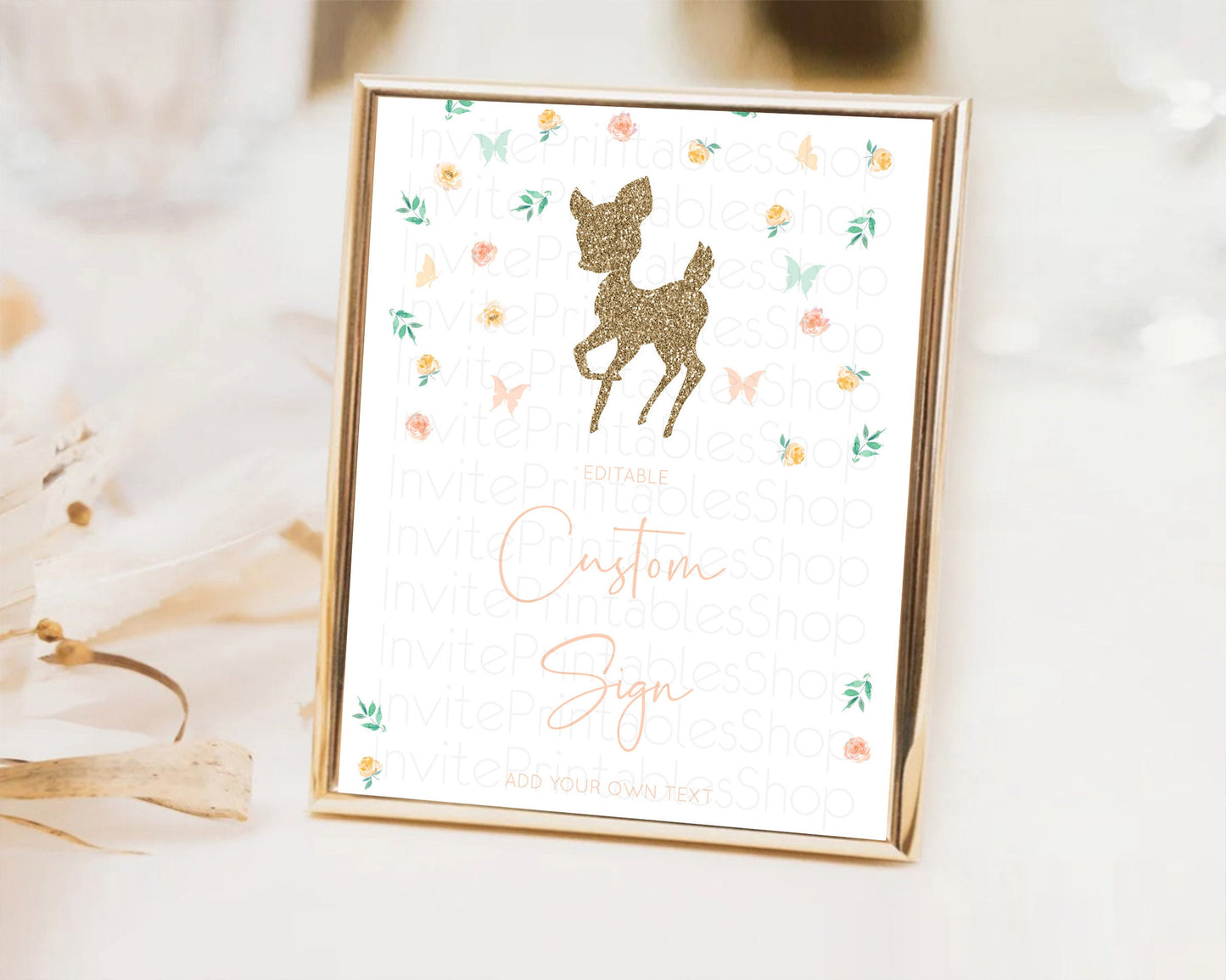 Editable Fawn Deer Sign Pastel Floral Deer Table Sign Decor Enchanted Forest