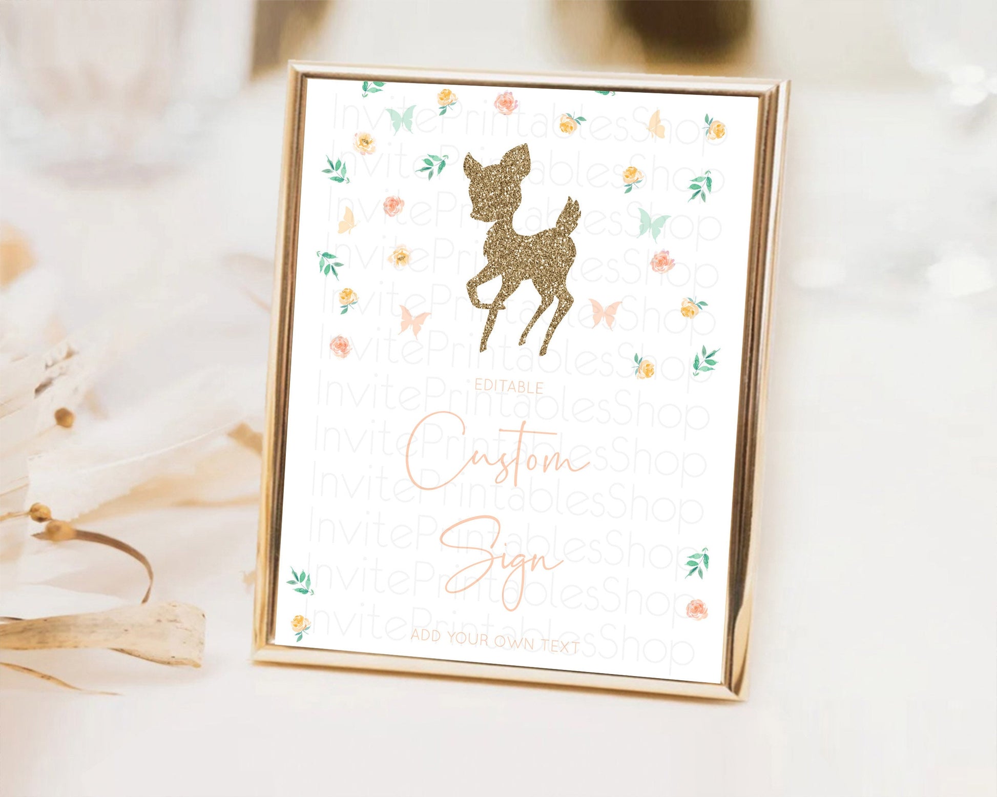 Editable Fawn Deer Sign Pastel Floral Deer Table Sign Decor Enchanted Forest