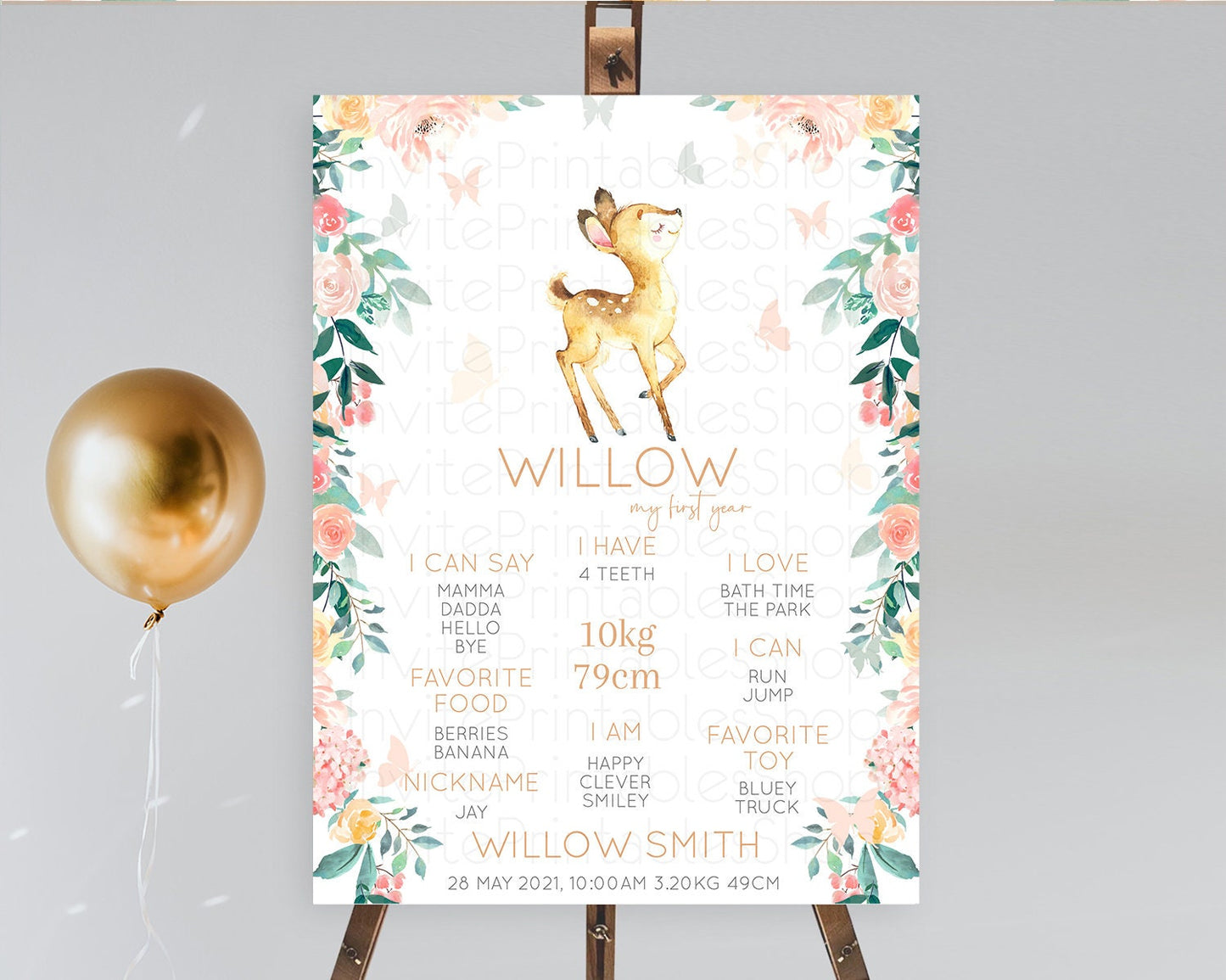 Fawn First Birthday Milestone Board Deer First Birthday Milestone Poster Enchanted Forest Butterfly Pastel Flowers 1st Birthday Sign D10753