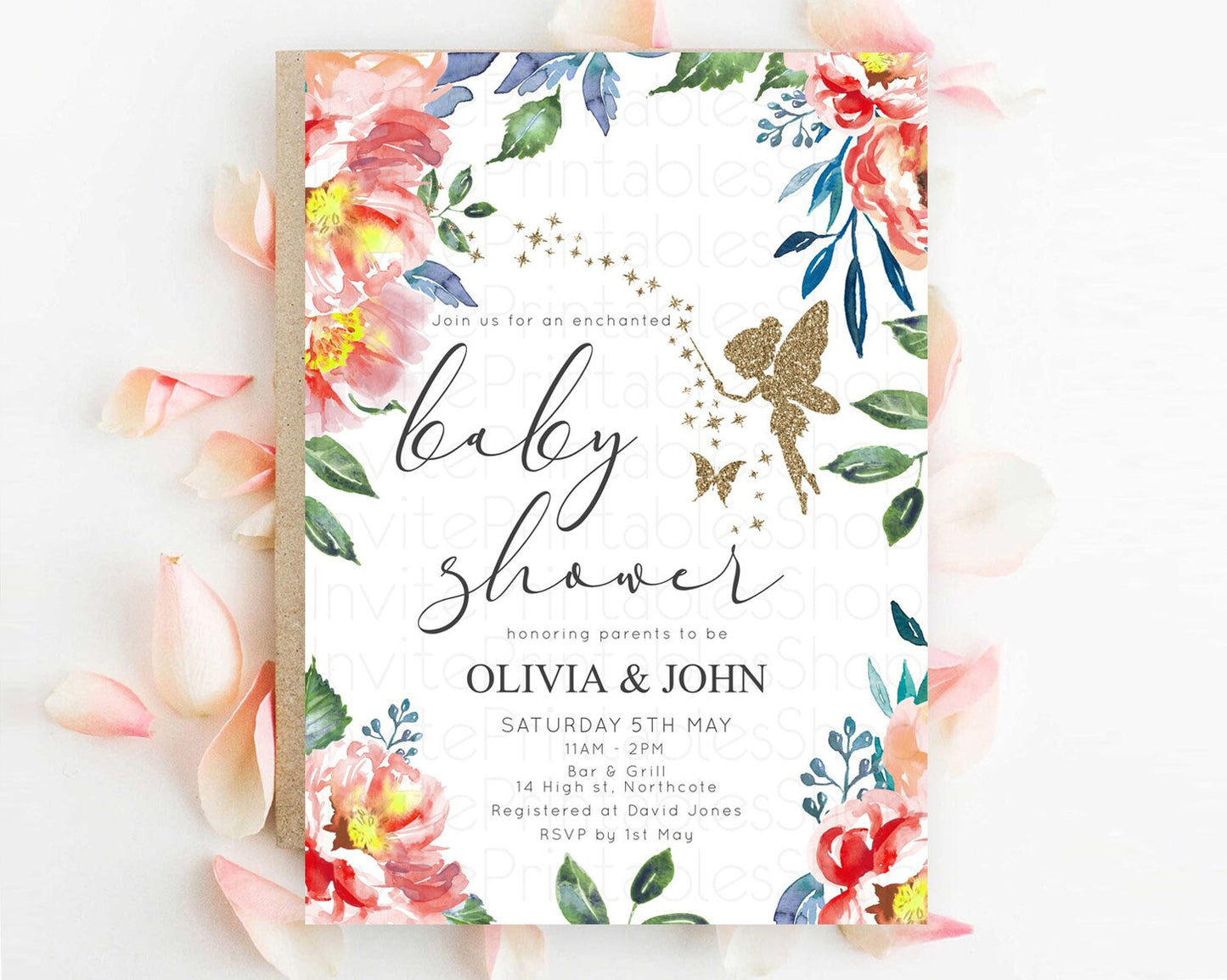 Fairy Baby Shower Invitation Pastel Fairy Invites Fairy Tea Party Fairy Garden Theme Secret Garden Enchanted Garden Floral Butterfly D10752