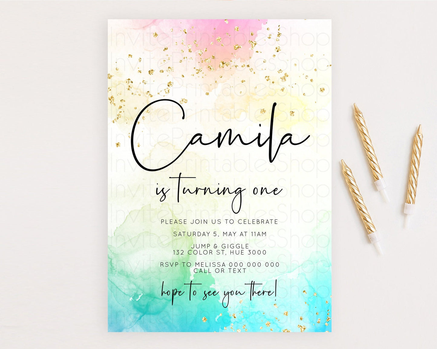 Editable Rainbow Birthday Invitation Colorful Pastel Watercolor Invitation G