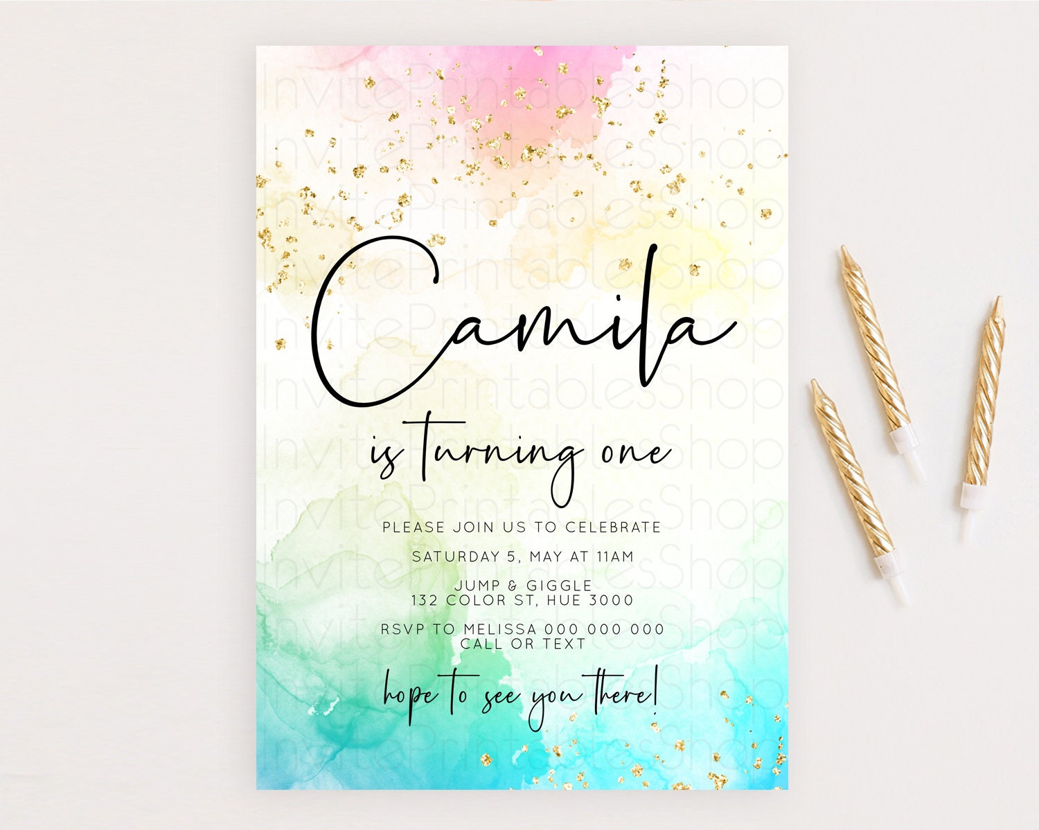 Editable Rainbow Birthday Invitation Colorful Pastel Watercolor Invitation G