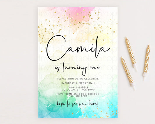 Editable Rainbow Birthday Invitation Colorful Pastel Watercolor Invitation G