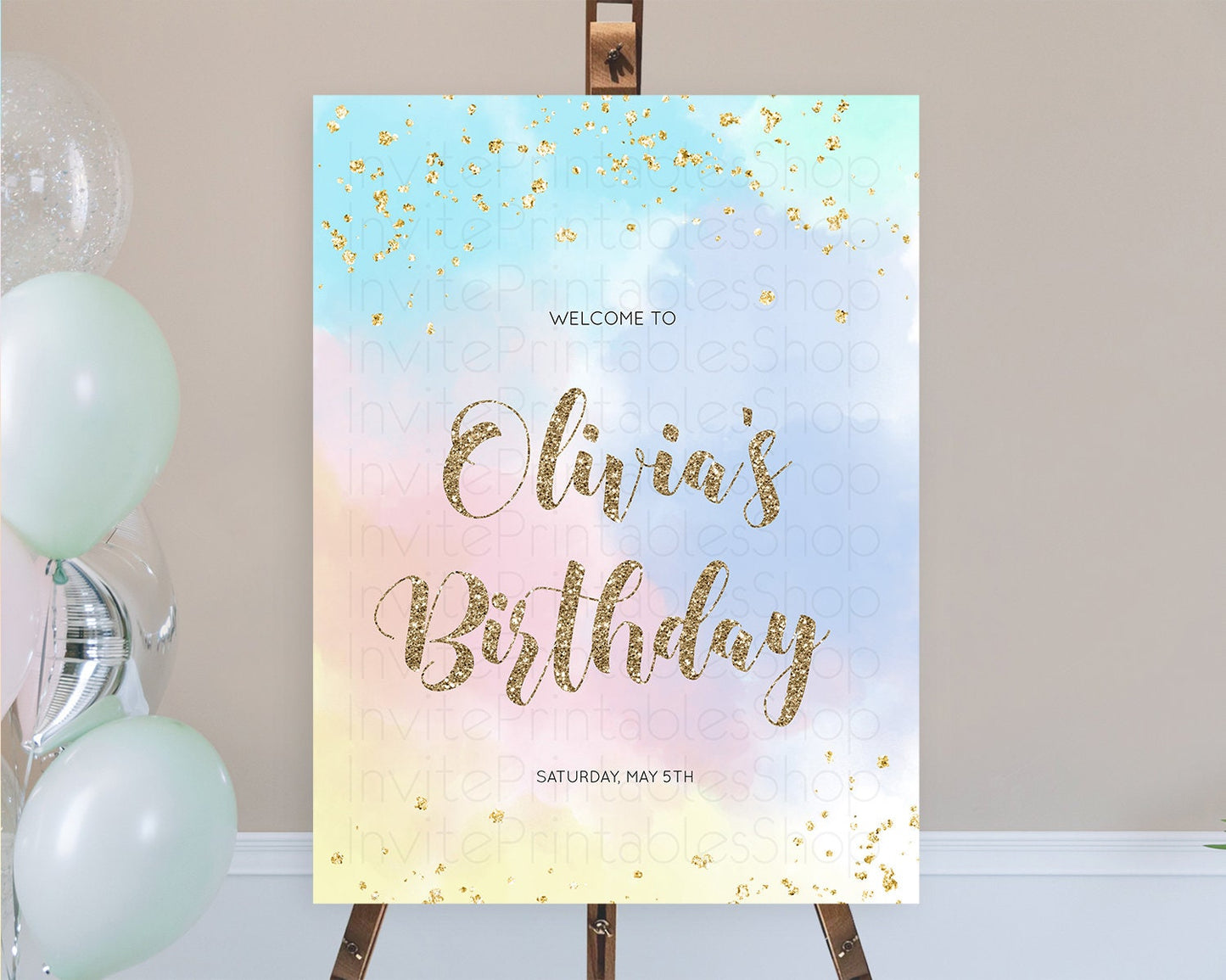 Pastel Welcome Sign Pastel Rainbow Welcome Sign Colorful Rainbow Confetti Watercolor Glitter Pastel First Birthday Welcome Sign D10367