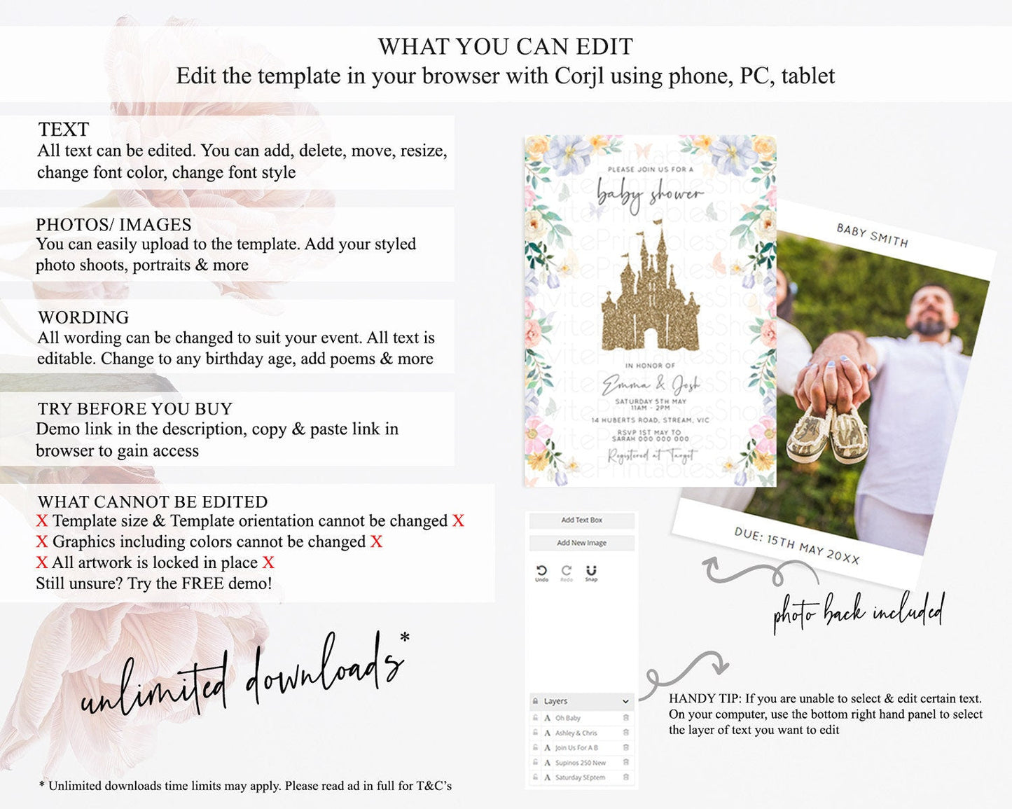 Pastel Princess Baby Shower Invitation Floral Castle Invitation Royal Baby Invite Enchanted Castle Pastel Flower Garden Baby Shower D10469