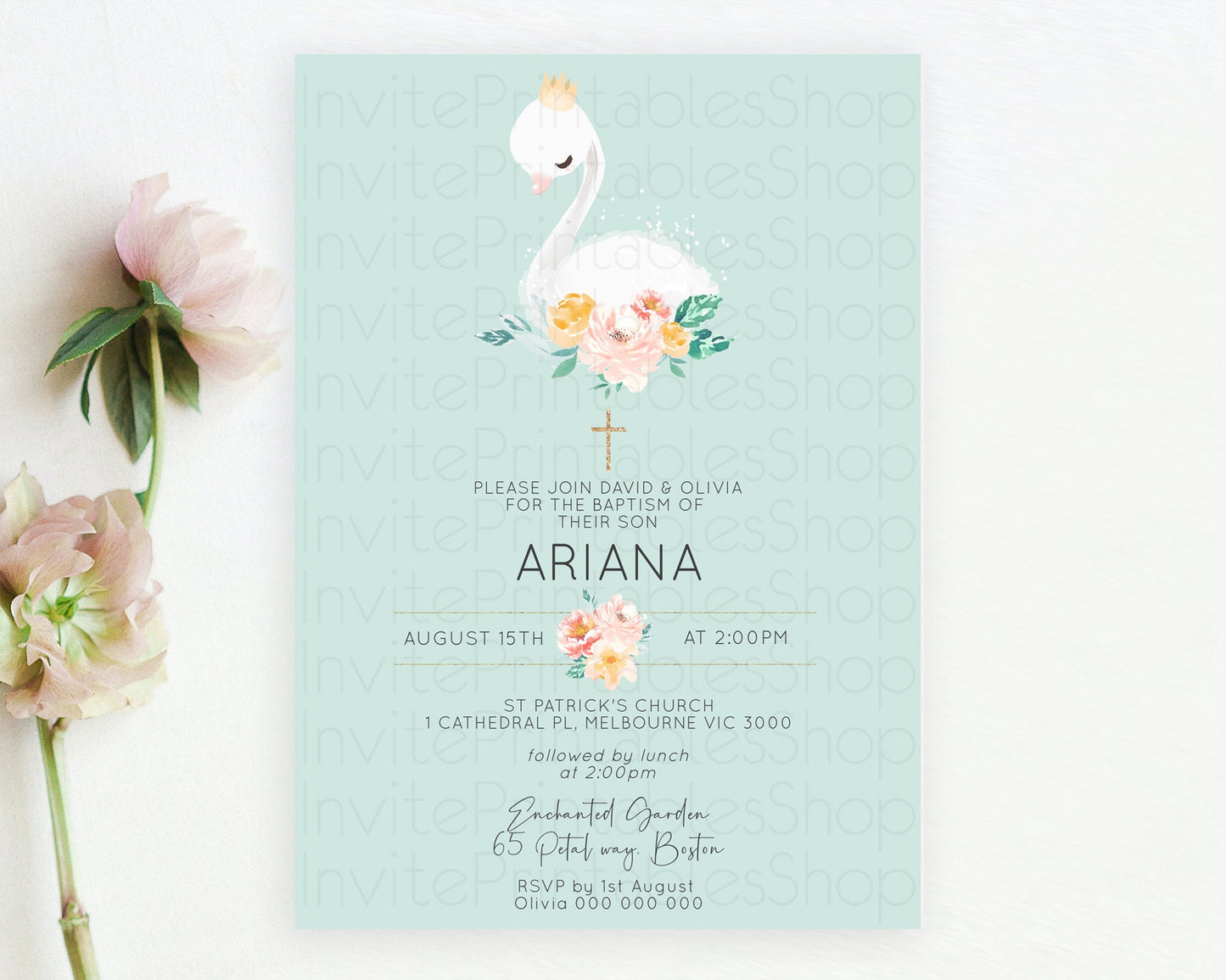 Swan Lake Baptism Invitation Swan Princess Ballet Baptism 1st Birthday Enchanted Forest Secret Garden Watercolour Pastel Floral D10905