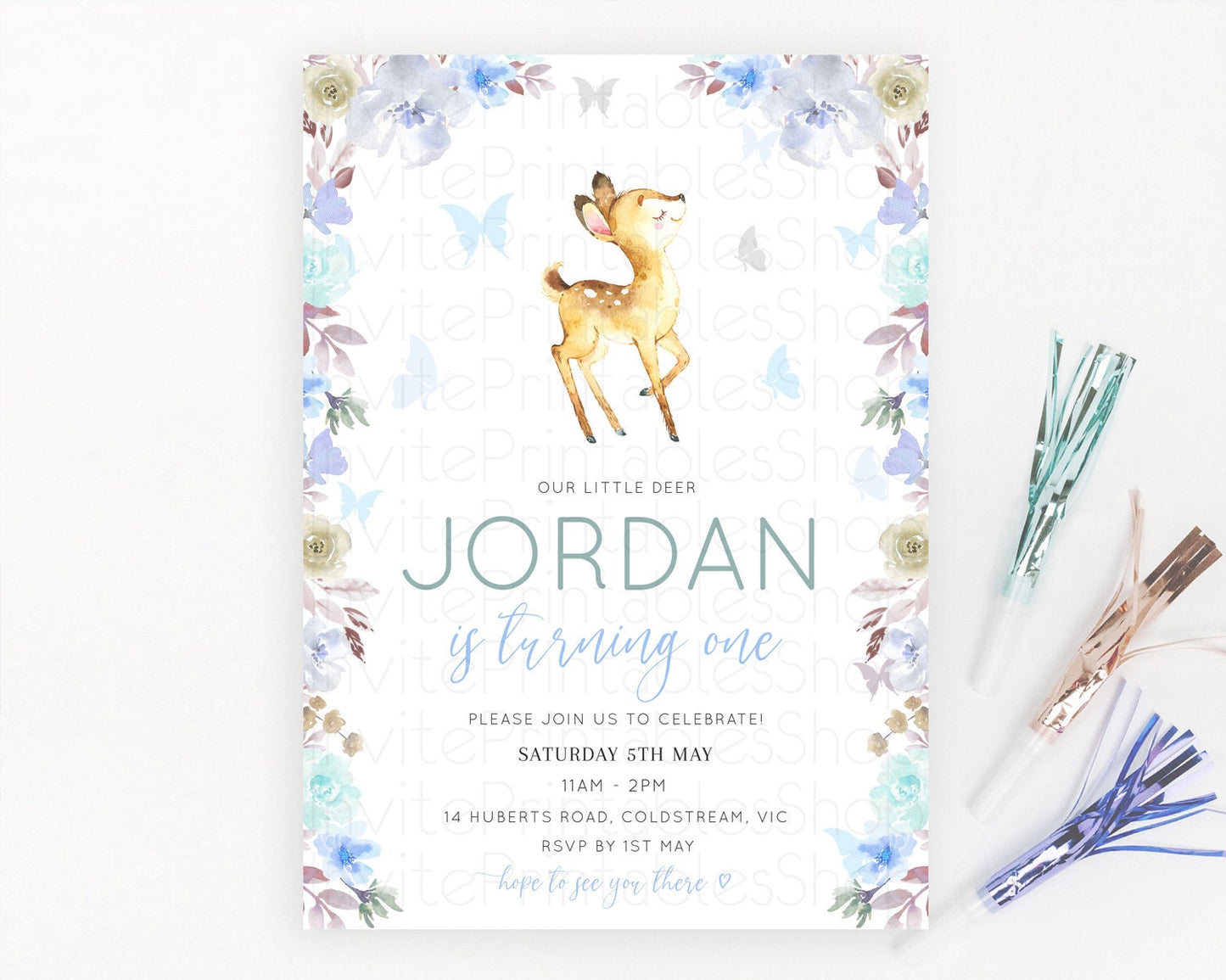 Fawn Birthday Invitation Deer Birthday Invitation Enchanted Forest Party Butterfly Pastel Flowers Whimsical 2nd 1st First Birthday D10960