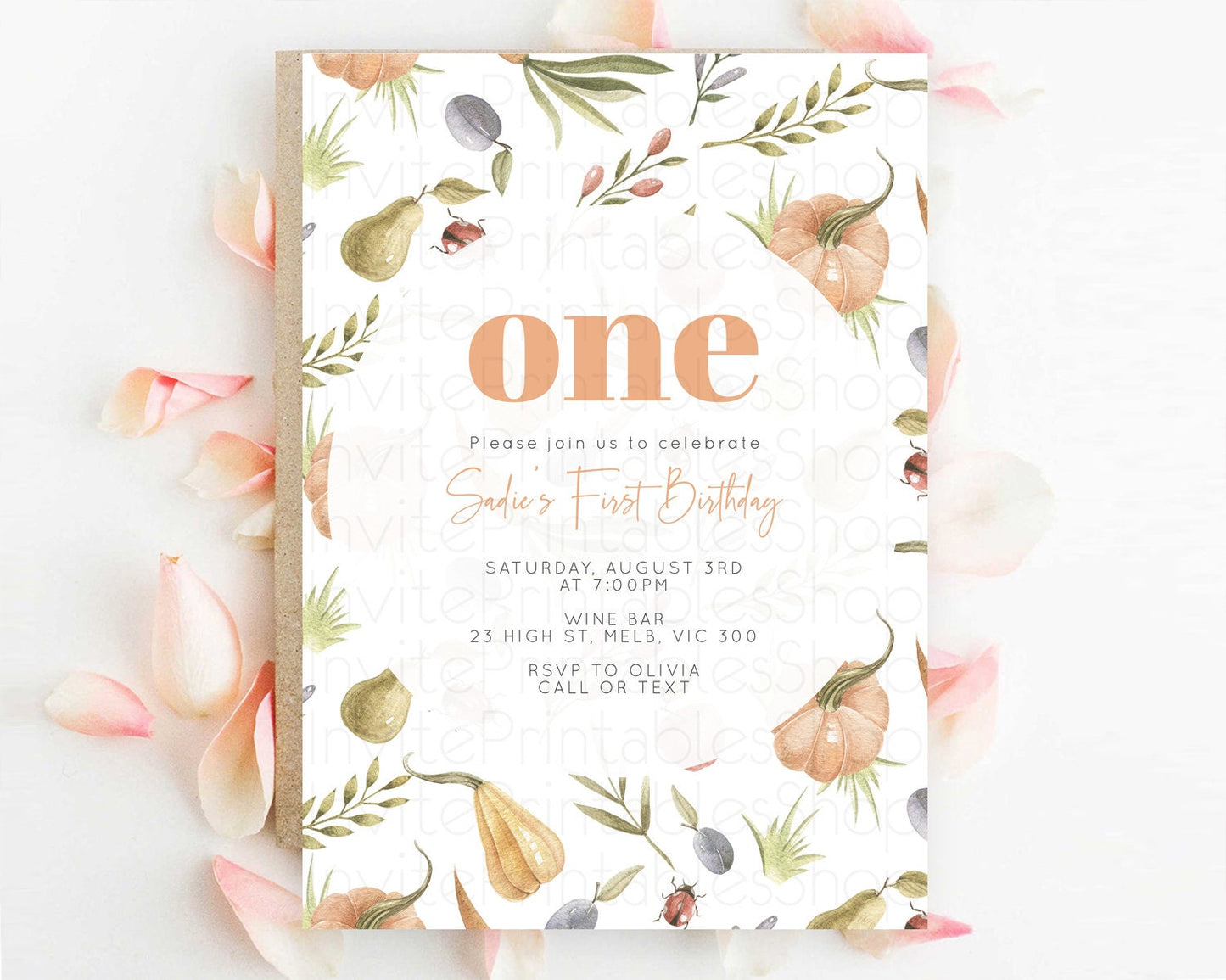 Pumpkin Invitation Pear Invitation Ladybug Invitation Plum Invitation Ladybug Invitation Watercolor Invitation 2nd First Birthday D10543