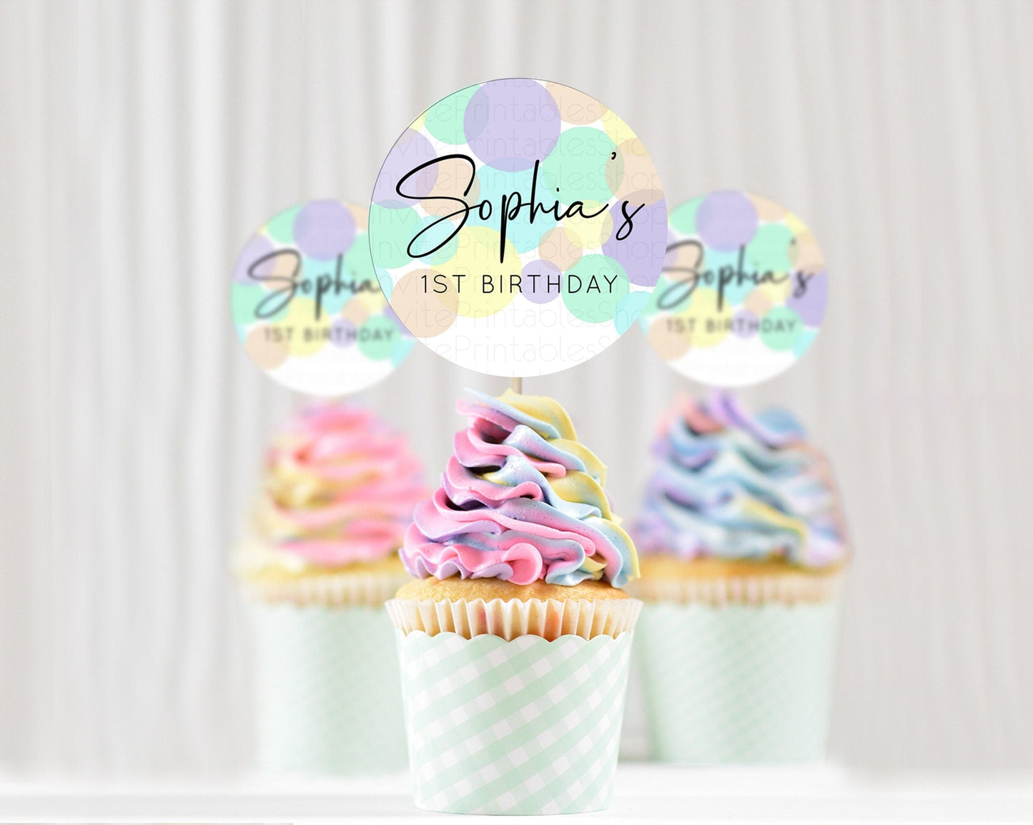 Pastel Cupcake Toppers Pastel Confetti Cupcake Topper Bubbles Sprinkles Colorful Rainbow Confetti Cupcake First Birthday Party Decor D10414