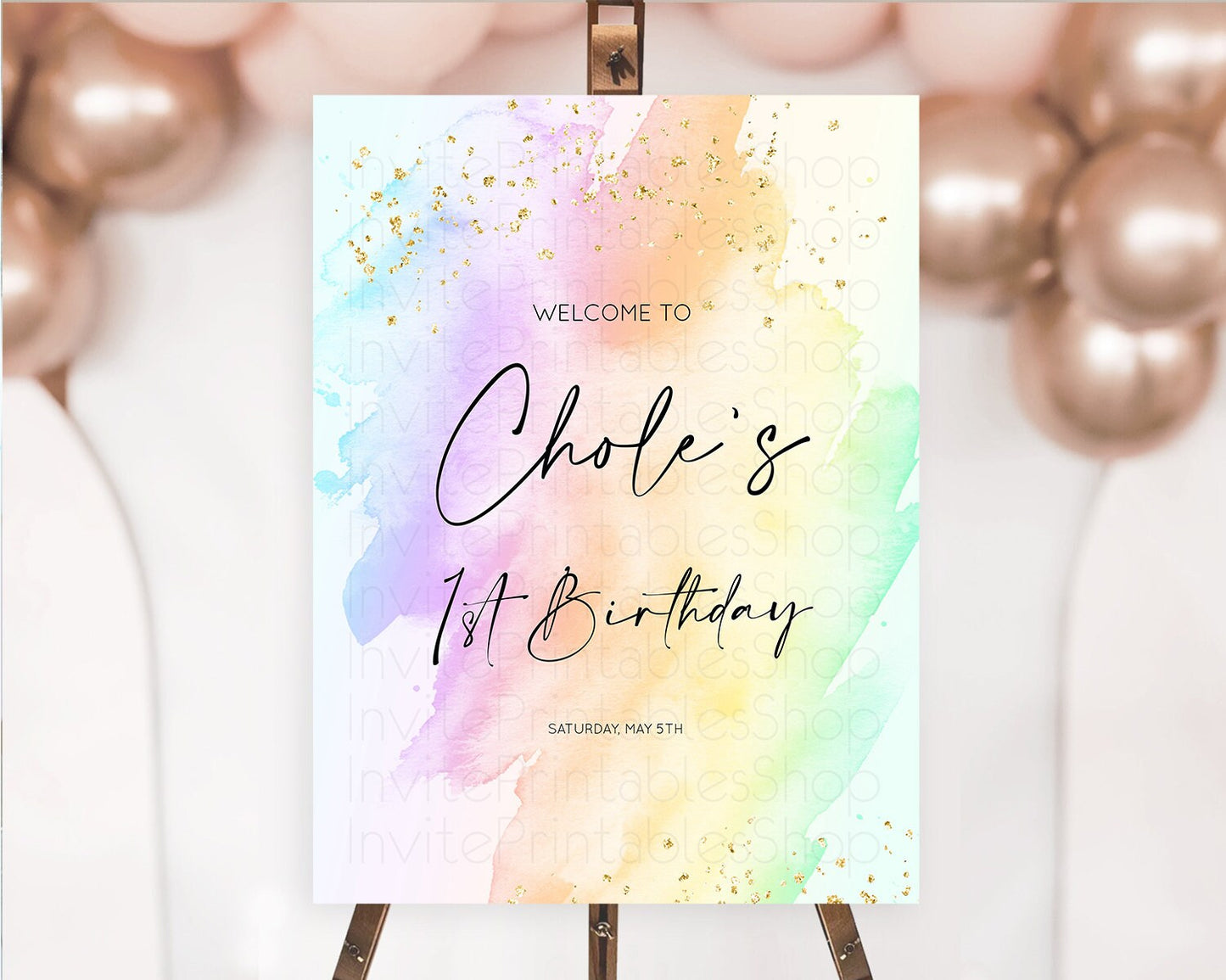 Pastel Welcome Sign Pastel Rainbow Welcome Sign Colorful Rainbow Confetti Watercolor Glitter Pastel First Birthday Welcome Sign D10645