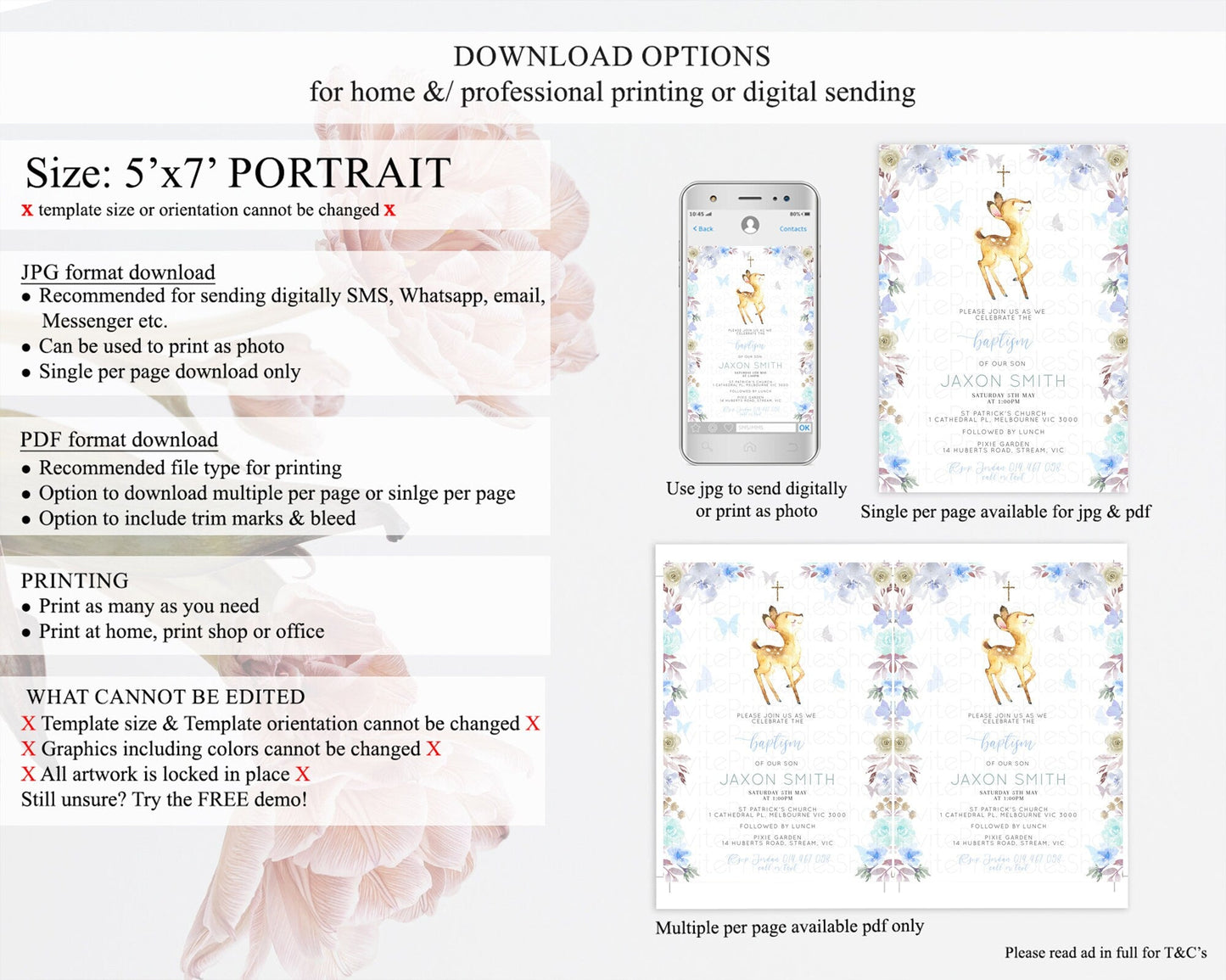 Fawn Baptism Invitation Deer Baptism 1st Birthday Invitation Enchanted Forest Christening Invitation Pastel Garden Butterfly Floral D10960