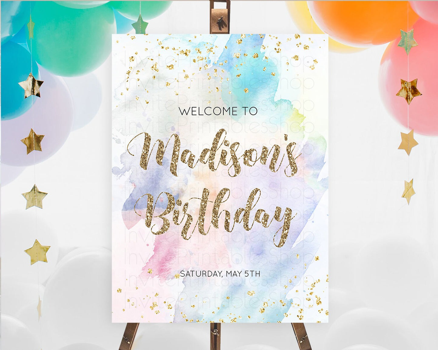 Pastel Welcome Sign Pastel Rainbow Welcome Sign Colorful Rainbow Confetti Watercolor Glitter Pastel First Birthday Welcome Sign D10421