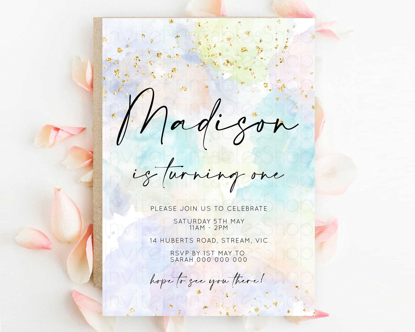 Rainbow Birthday Invitation Colorful Pastel Watercolor Invitation Gold Glitter Sprinkles Ombre Pastel 1st 2nd 3rd Birthday D10613