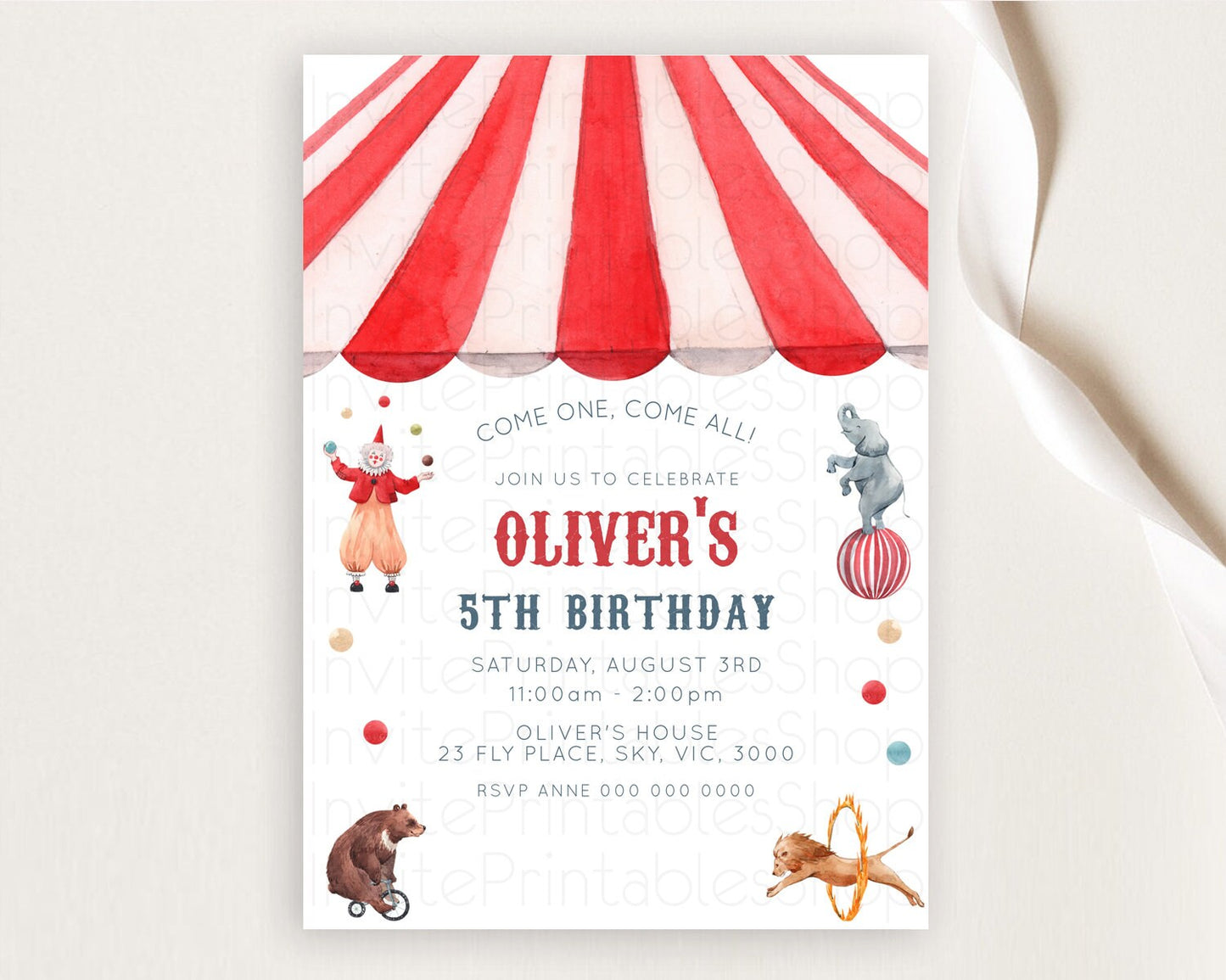 Vintage Circus Birthday Invitation | Carnival Fun | Clown, Lion, Elephant | Circus Tent Design D10533