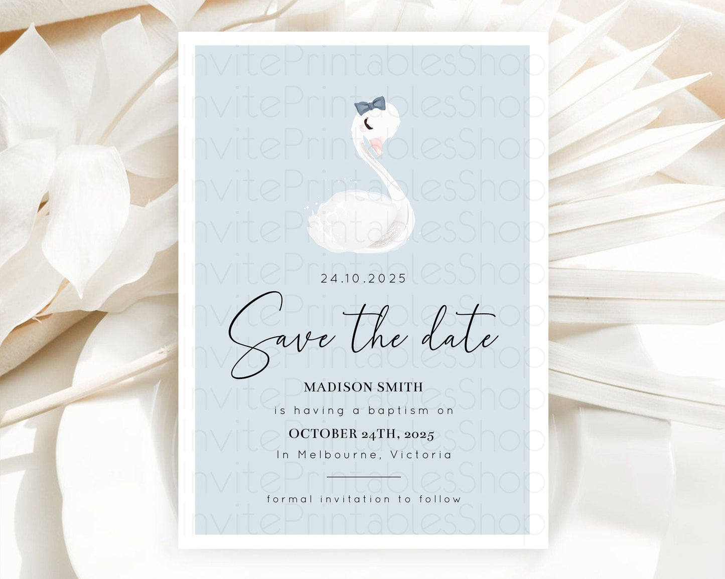 Swan Save The Date Template Swan Princess Ballet Party Enchanted Swan Lake Secret Garden Pastel Floral Birthday Baptism Baby Shower D10760