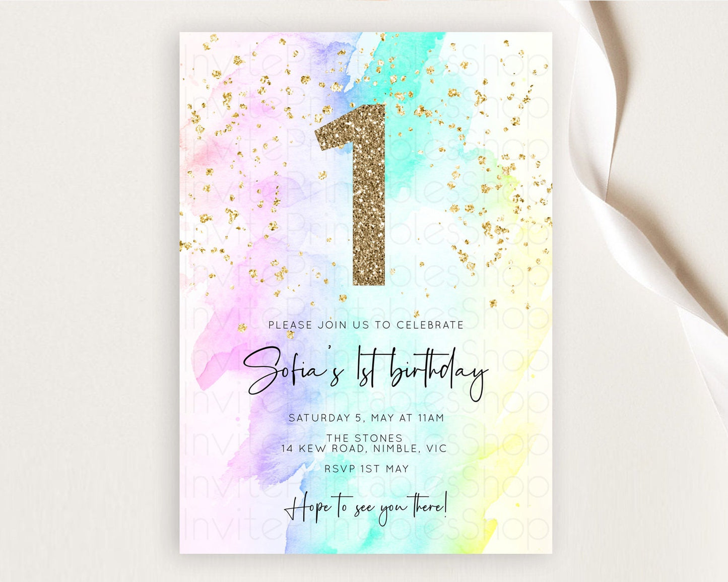 Rainbow Birthday Invitation Colorful Pastel Watercolor Invitation Gold Glitter Sprinkles Ombre Pastel 1st 2nd 3rd Birthday D10231