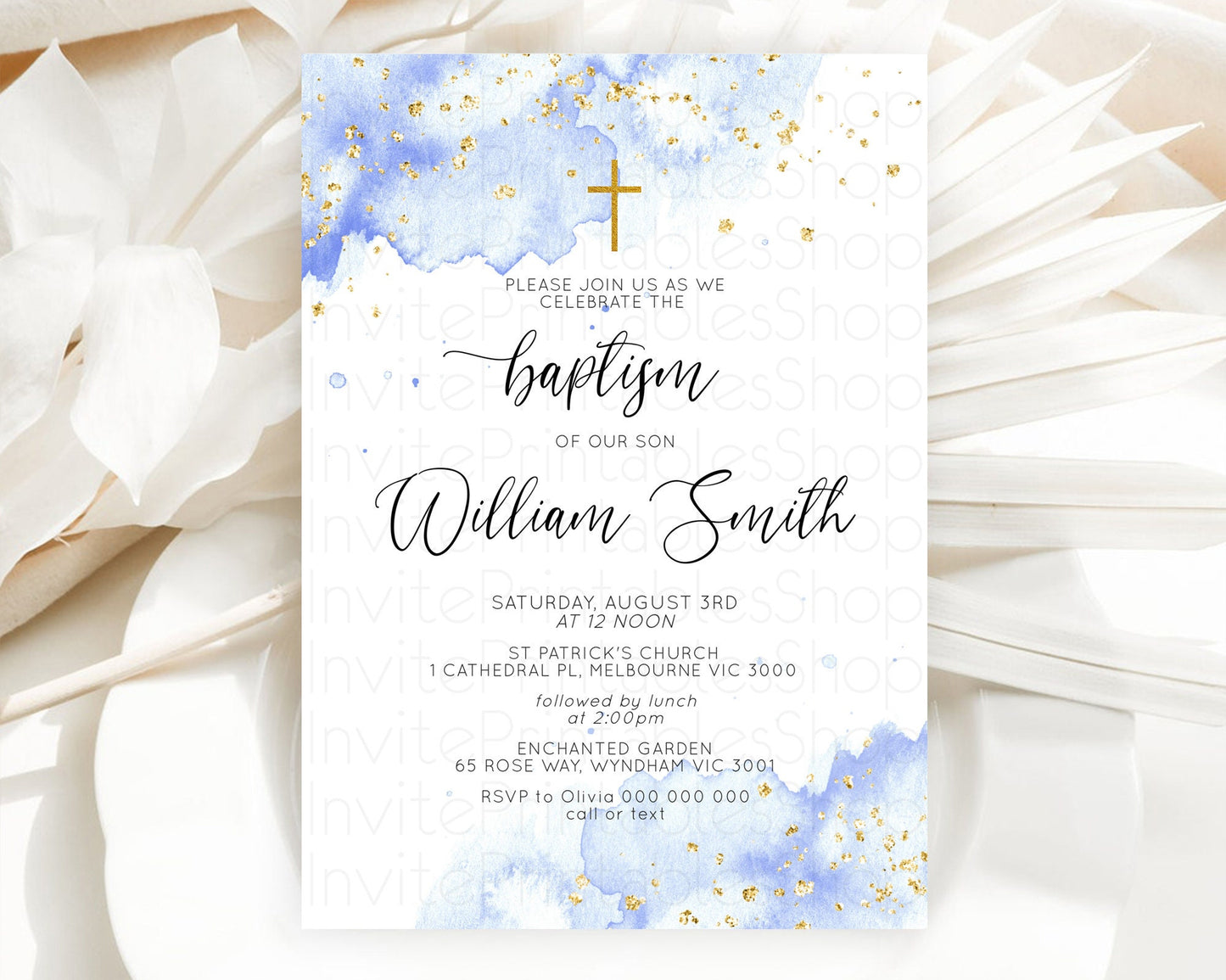 Blue Baptism Invitation Blue Watercolor Baptism 1st Birthday Invitation Pastel Blue Watercolor Christening Invite Blue Splash D10313