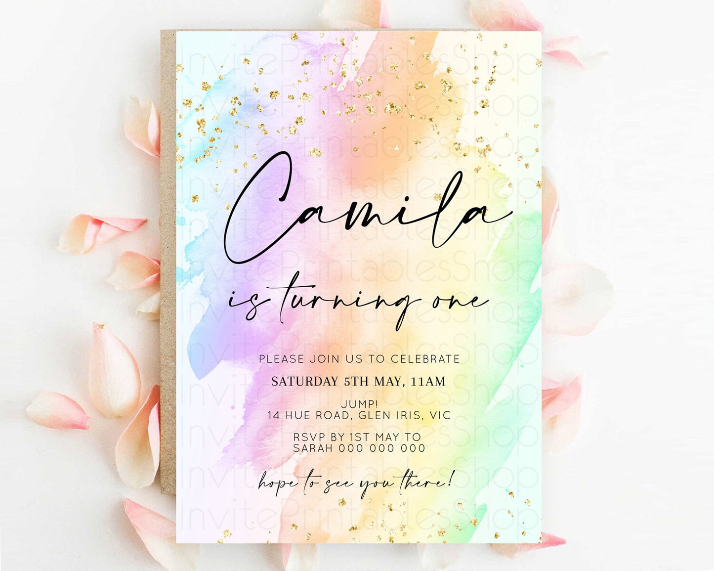 Rainbow Birthday Invitation Colorful Pastel Watercolor Invitation Gold Glitter Sprinkles Ombre Pastel 1st 2nd 3rd Birthday D10645