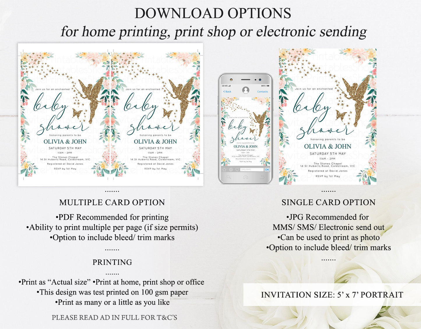 Baby Shower Invitations Baby Shower Invites Gold Glitter Invitation TinkerBell Invites Fairy Garden Invitations Glitter Pastel boy Invites