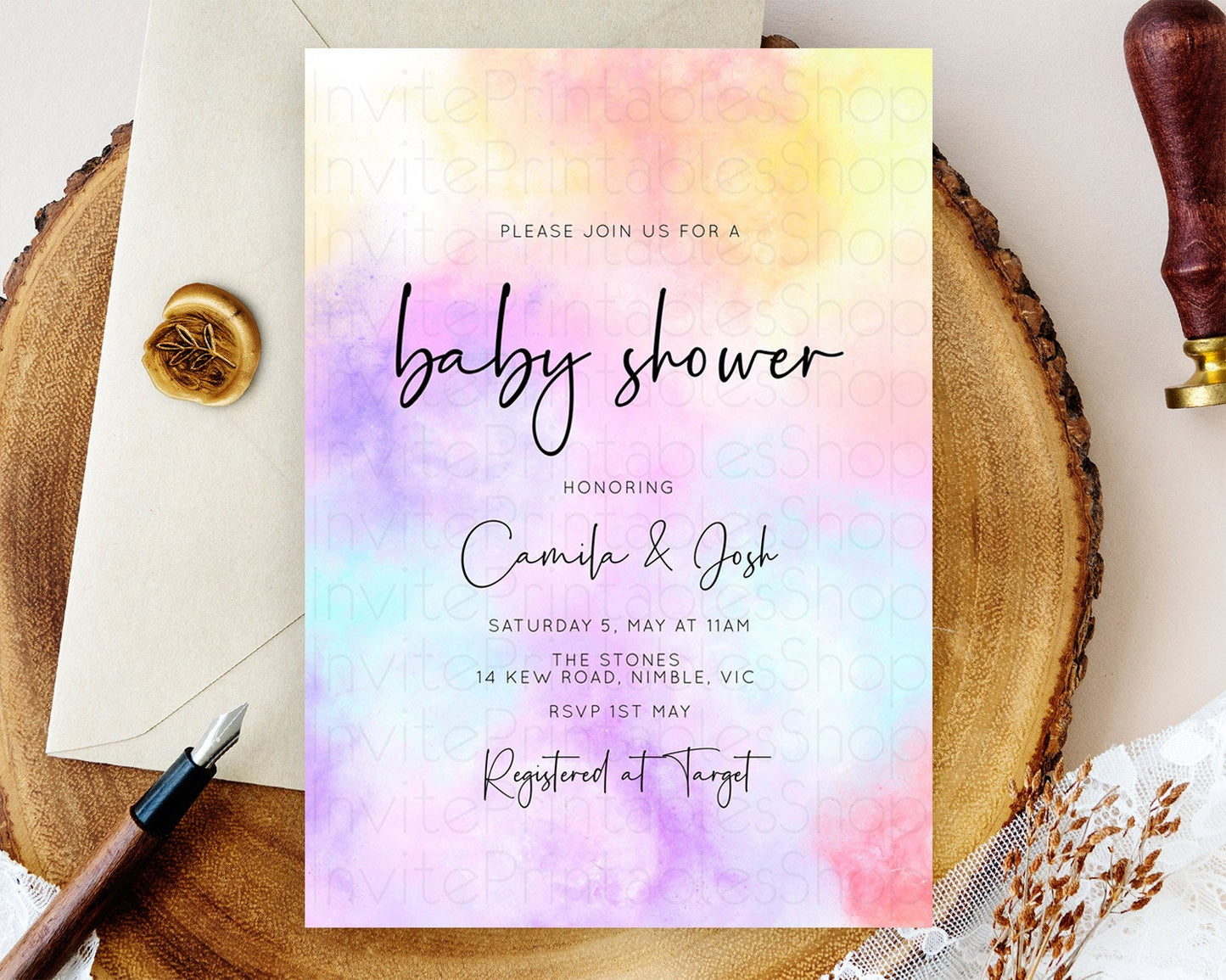 Pastel Baby Shower Invitation Rainbow Baby Shower Invitation Colorful Pastel Watercolor Invitation Gold Glitter Sprinkles Ombre D10438