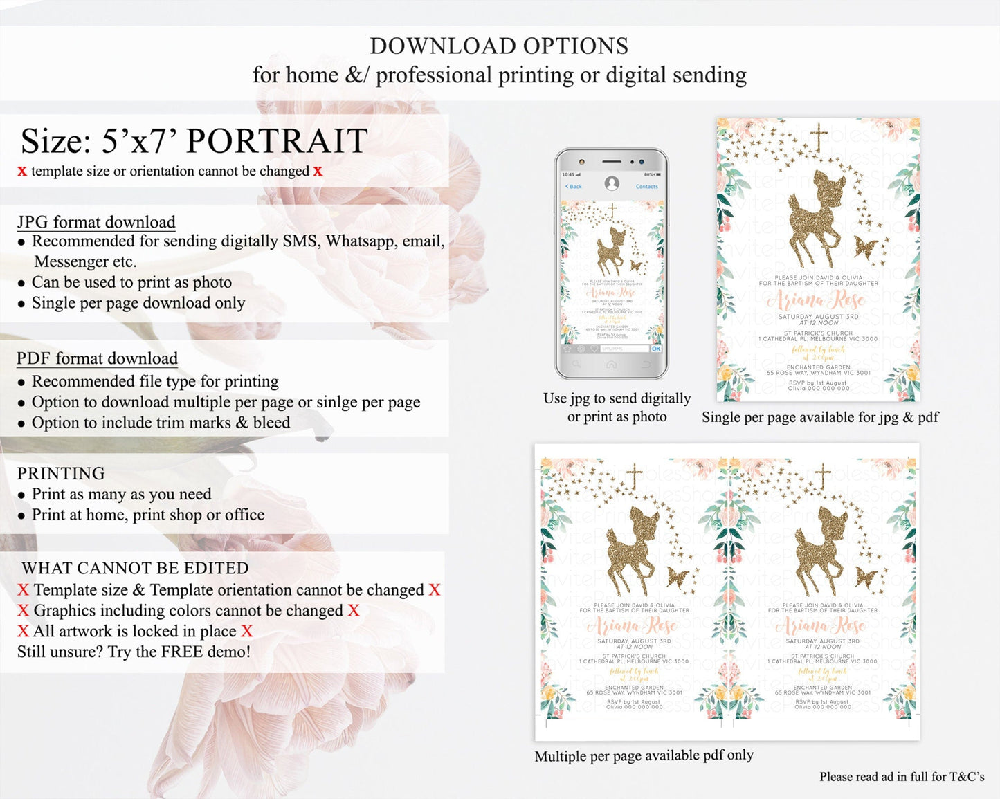 Fawn Baptism Invitation Deer Baptism 1st Birthday Invitation Enchanted Forest Christening Invitation Pastel Garden Butterfly Floral D10874