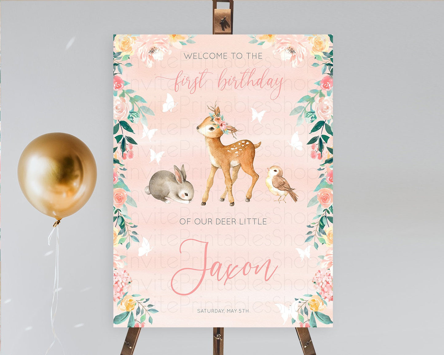 Fawn Welcome Sign Deer Welcome Board Floral Deer Welcome Poster Enchanted Forest Butterfly Pastel Floral First Birthday Welcome Sign D10921