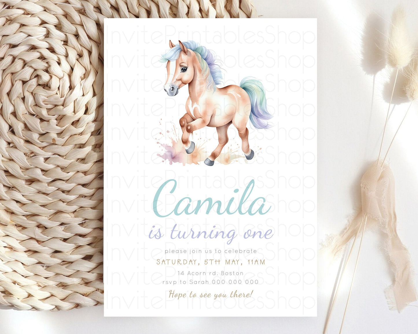 Horse Birthday Invitation, Galloping Wildflower Fields, Pastel Flowers, Butterflies, Flowers Accents for Equestrian & Cowgirls d23377