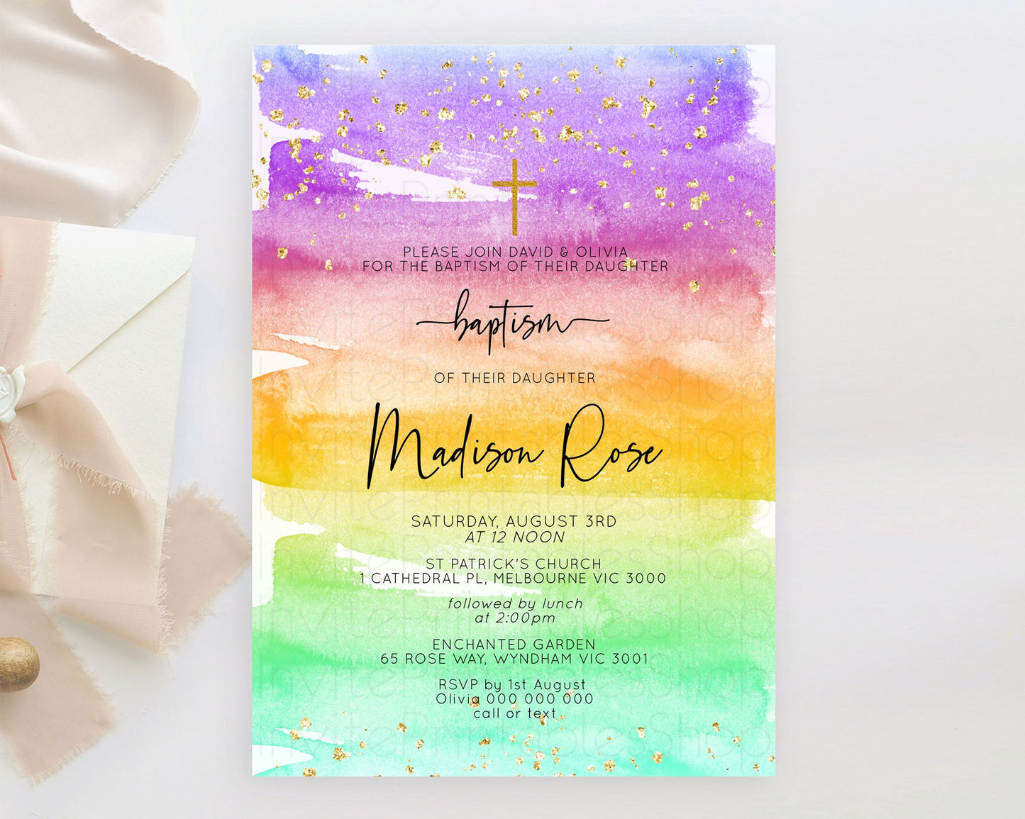 Pastel Baptism Invitation Pastel Colors Watercolor Baptism 1st Birthday Party Gold Ombre Pastel Rainbow Christening Holy Communion D10524