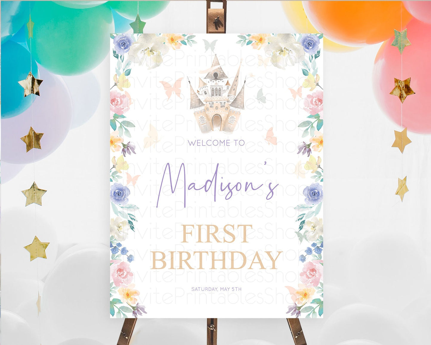 Princess Birthday Welcome Sign Castle Welcome Board Secret Garden Enchanted Castle Pastel Floral Garden First Birthday Welcome Sign D10709