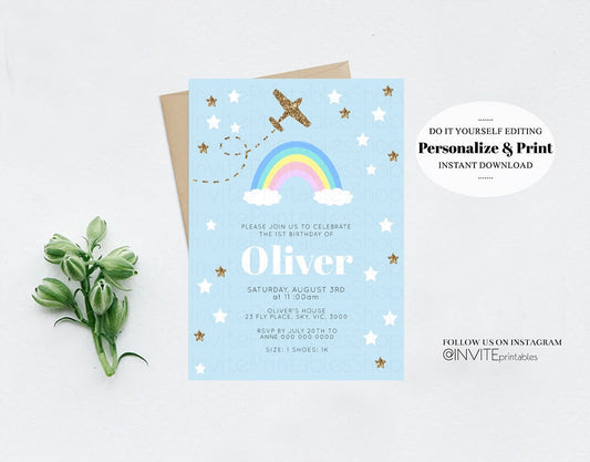 Rainbow Birthday Invitation Pastel Rainbow Plane Invitation Cute Aeroplane Blue Sky Clouds Stars Glitter Confetti Custom Printable