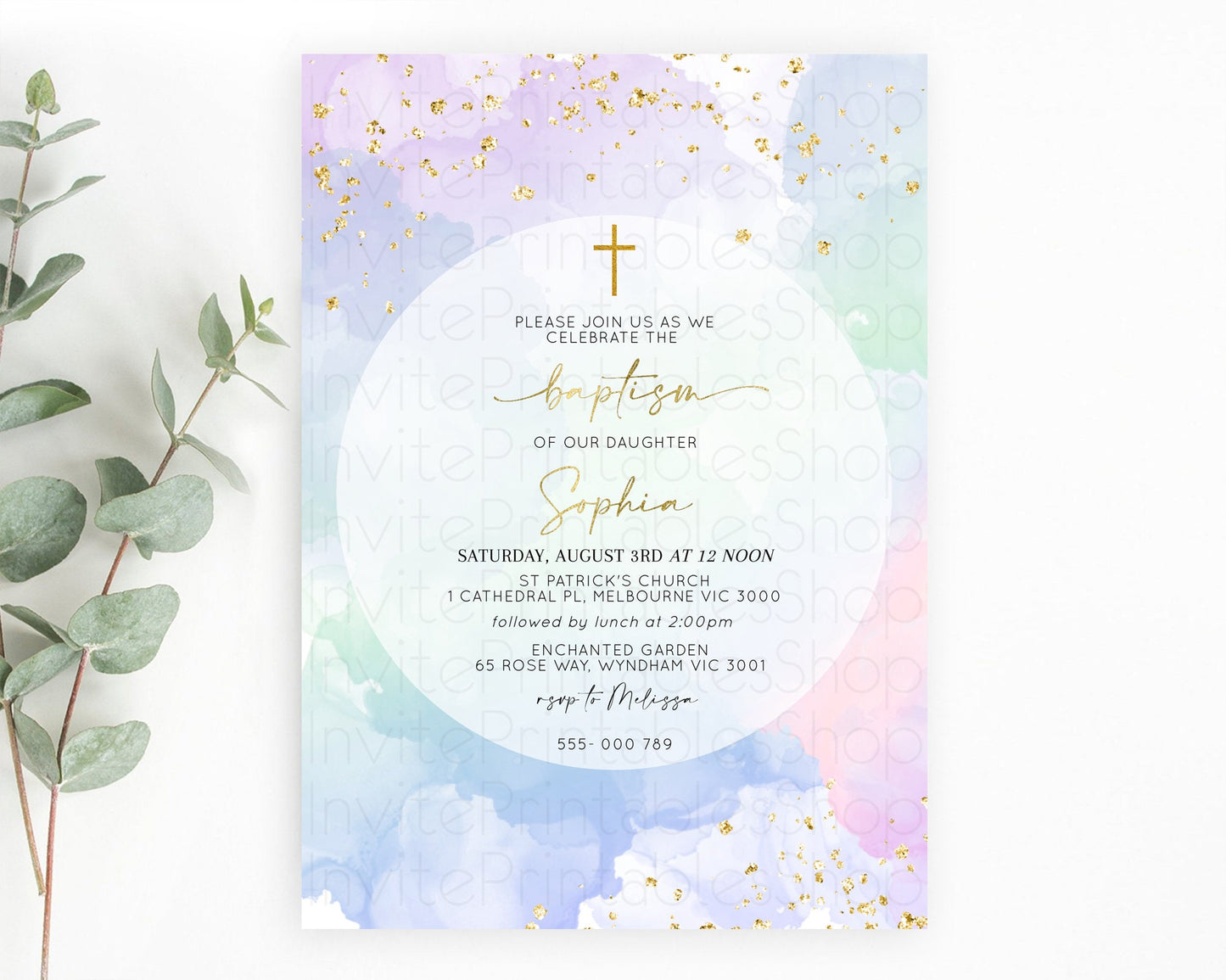 Pastel Baptism Invitation Pastel Colors Watercolor Baptism 1st Birthday Party Gold Ombre Pastel Rainbow Christening Holy Communion D10624