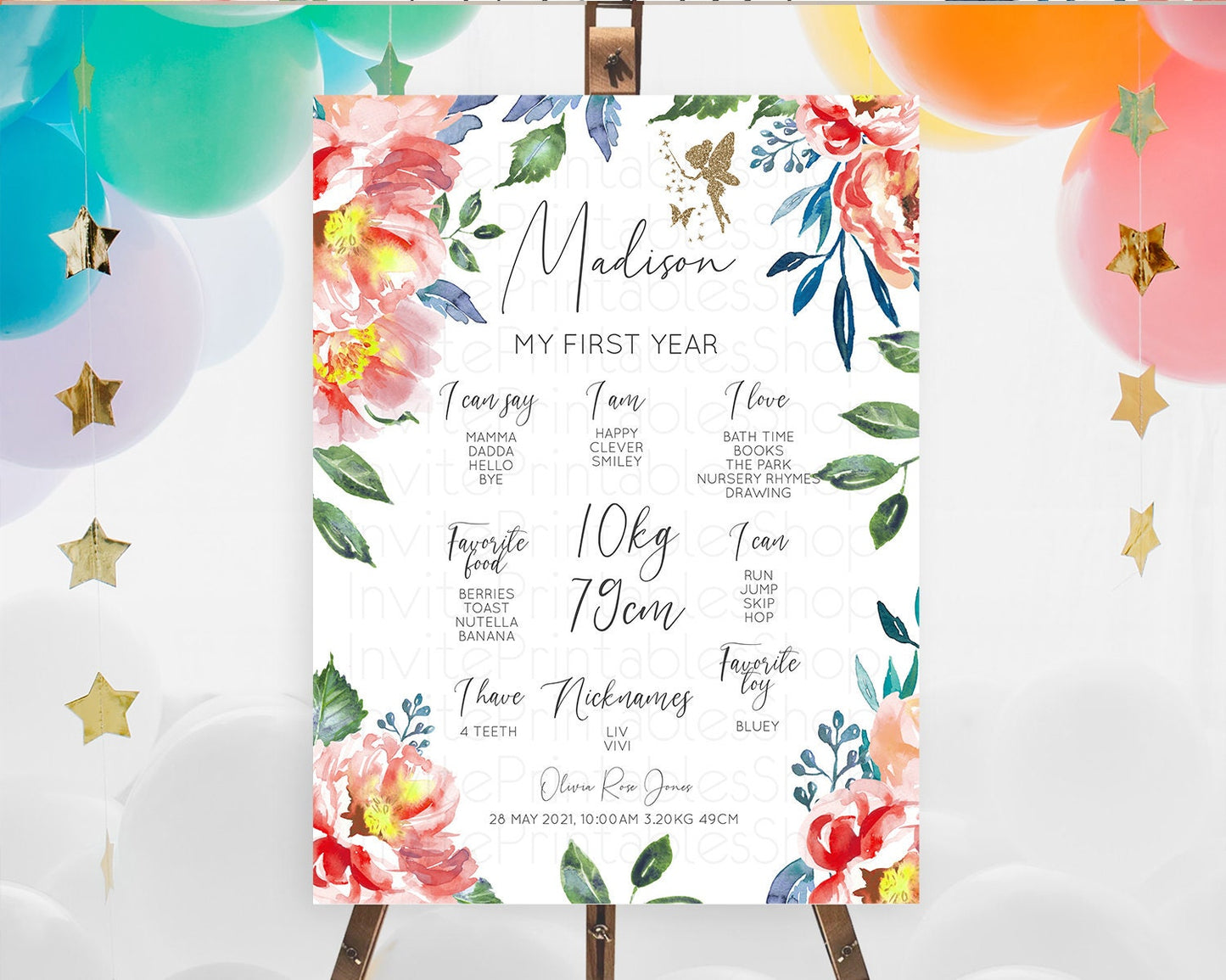 Fairy First Birthday Milestone Poster Fairy Secret Garden Milestone Board Enchanted Garden Pastel Floral Butterfly 1st Birthday Sign D10752