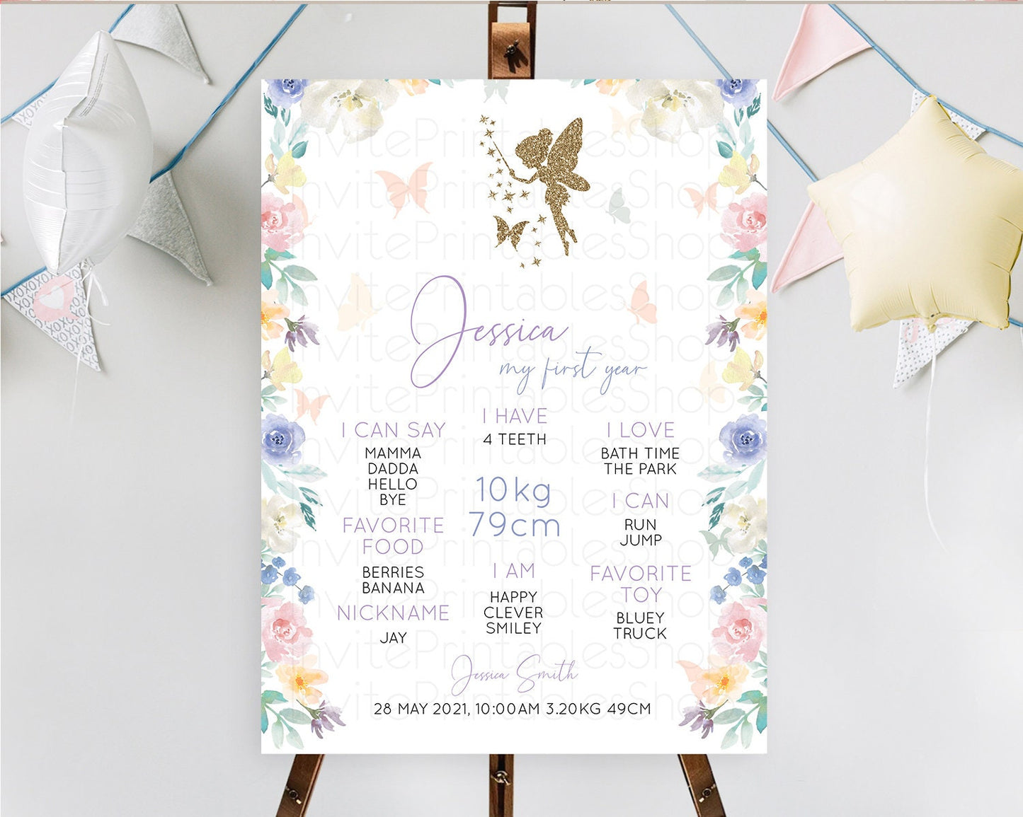 Fairy First Birthday Milestone Poster Fairy Secret Garden Milestone Board Enchanted Garden Pastel Floral Butterfly 1st Birthday Sign D10761