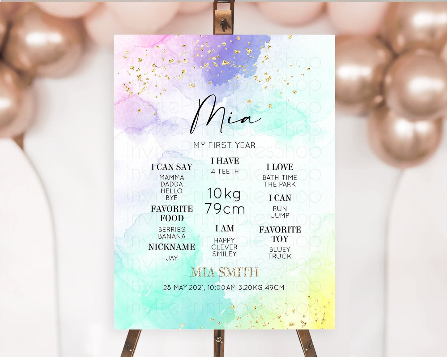 Pastel First Birthday Milestone Board Pastel Rainbow Milestone Poster Colorful Confetti Watercolor Glitter 1st Birthday Welcome Sign D10157