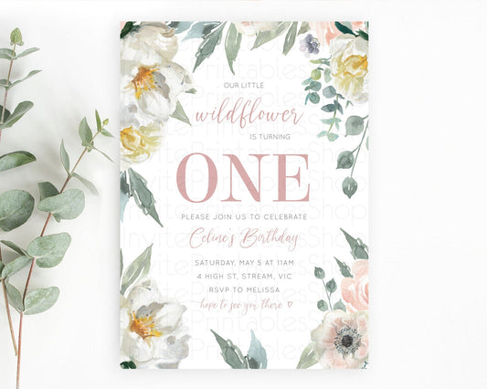 Secret Garden Invitation Wildflower Birthday Invite Pastel White Flowers Invite Enchanted Garden Boho Floral 3rd 2nd First Birthday D10121