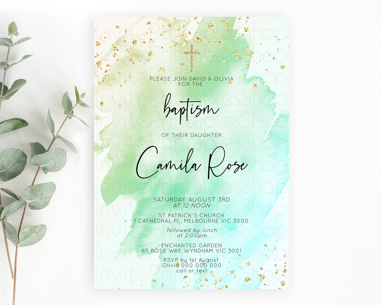 Green Baptism Invitation green Watercolor Baptism 1st Birthday Invitation Pastel Green Watercolor Christening Invite Green Splash D10170