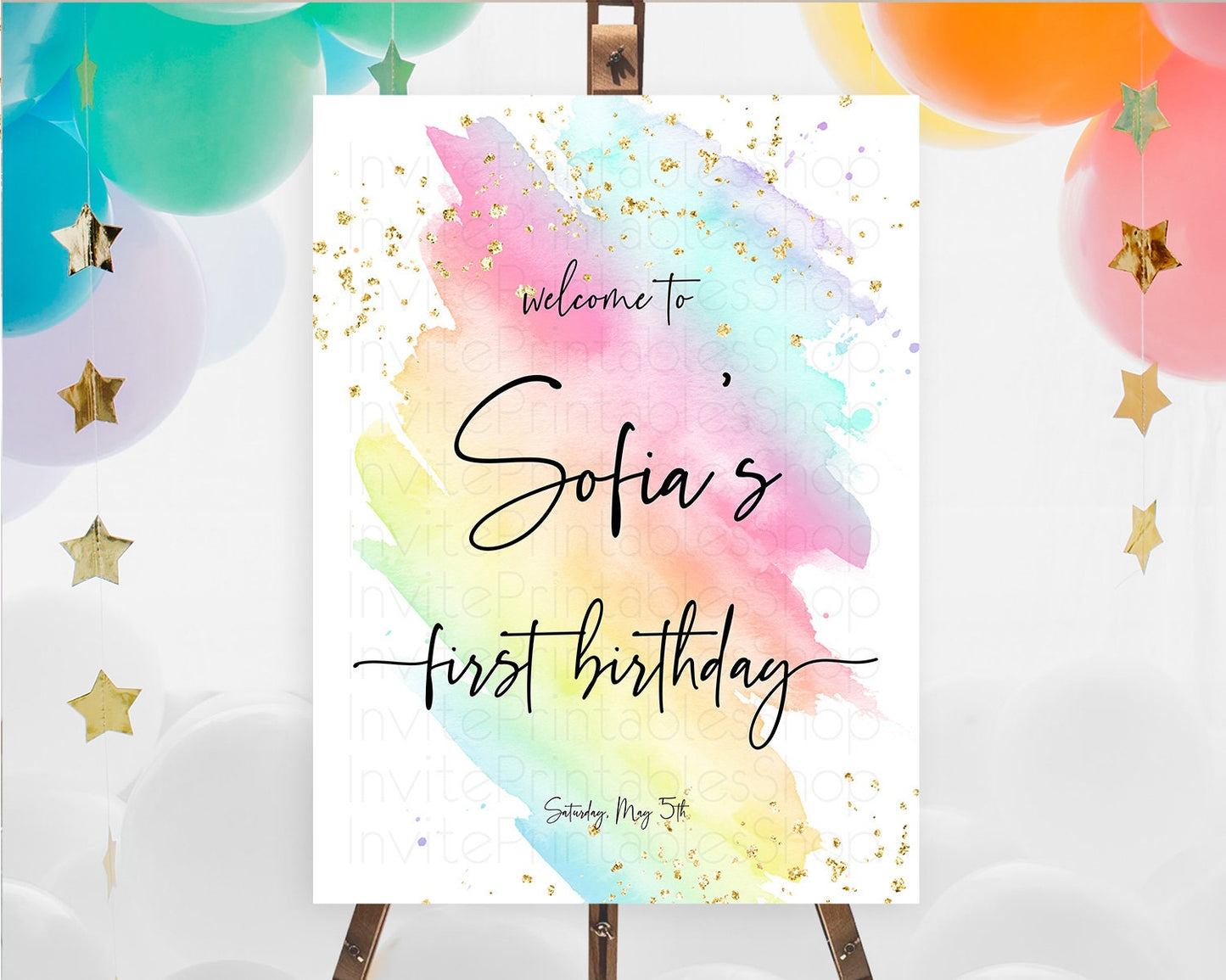 Pastel Welcome Sign Pastel Rainbow Welcome Sign Colorful Rainbow Confetti Watercolor Glitter Pastel First Birthday Welcome Sign D10495