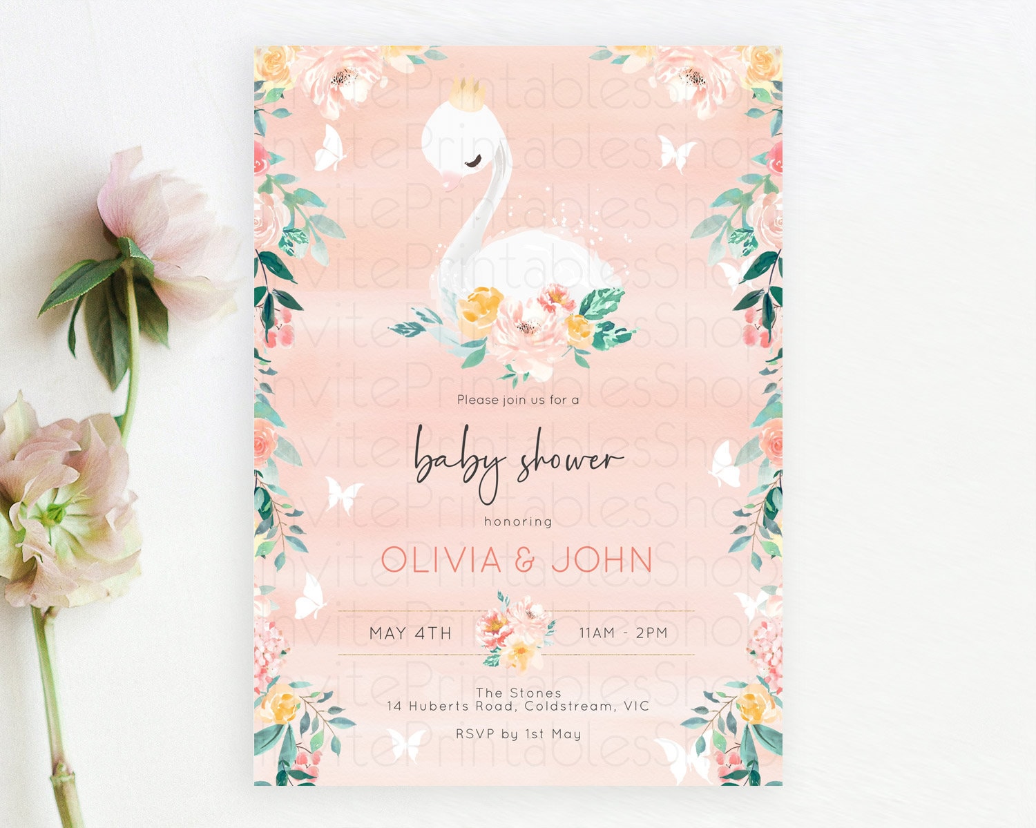 Editable Swan Baby Shower Invitation, Swan Lake Princess Ballet, Secret Gard
