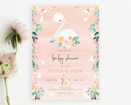 Editable Swan Baby Shower Invitation, Swan Lake Princess Ballet, Secret Gard