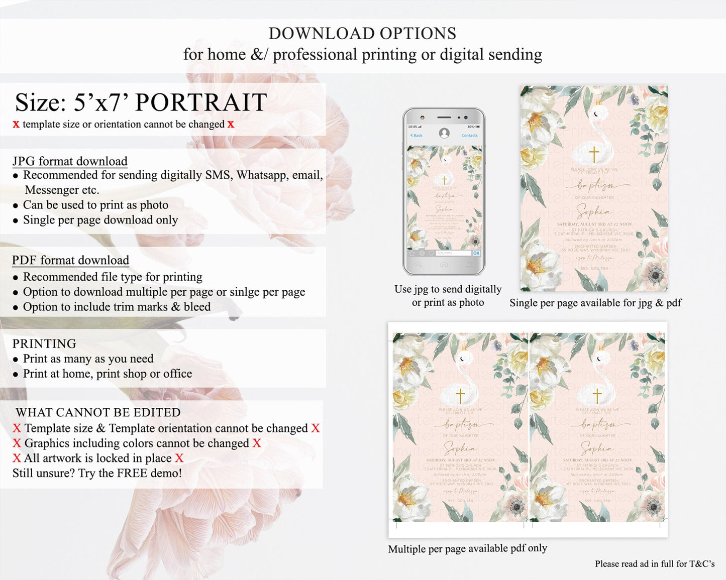 Swan Lake Baptism Invitation Swan Princess Ballet Baptism 1st Birthday Enchanted Forest Secret Garden Watercolour Pastel Floral D10115
