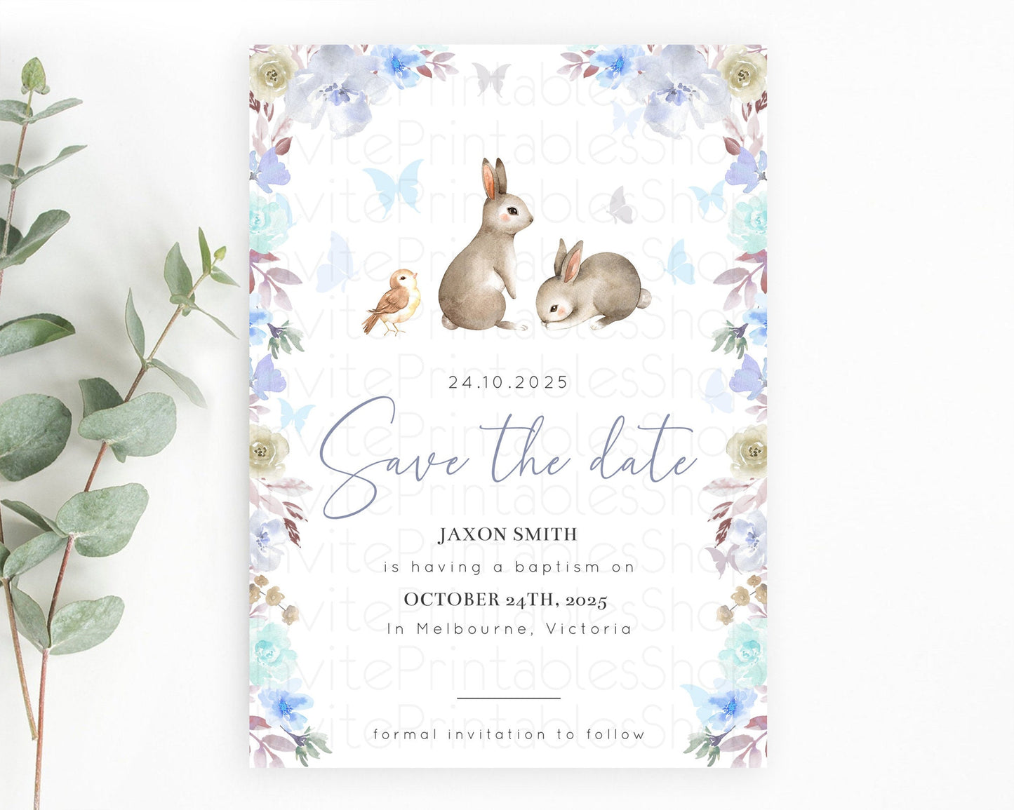 Floral Bunny Save The Date Template Pastel Flowers Forest Bunny Secret Garden Some Bunny Party 1st Birthday Baby Shower Baptism D10927