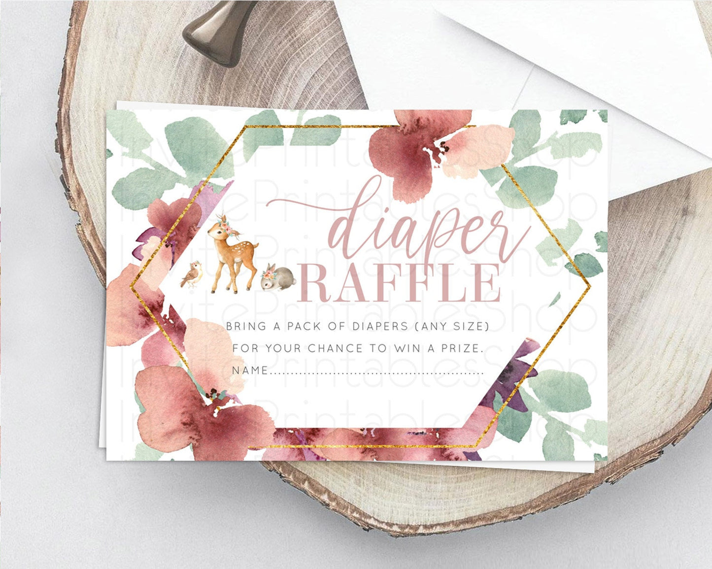 Fawn Diaper Raffle Card Deer Diaper Insert Floral Deer Diaper Ticket Enchanted Forest Butterfly Pastel Baby Shower Raffle Game D10913