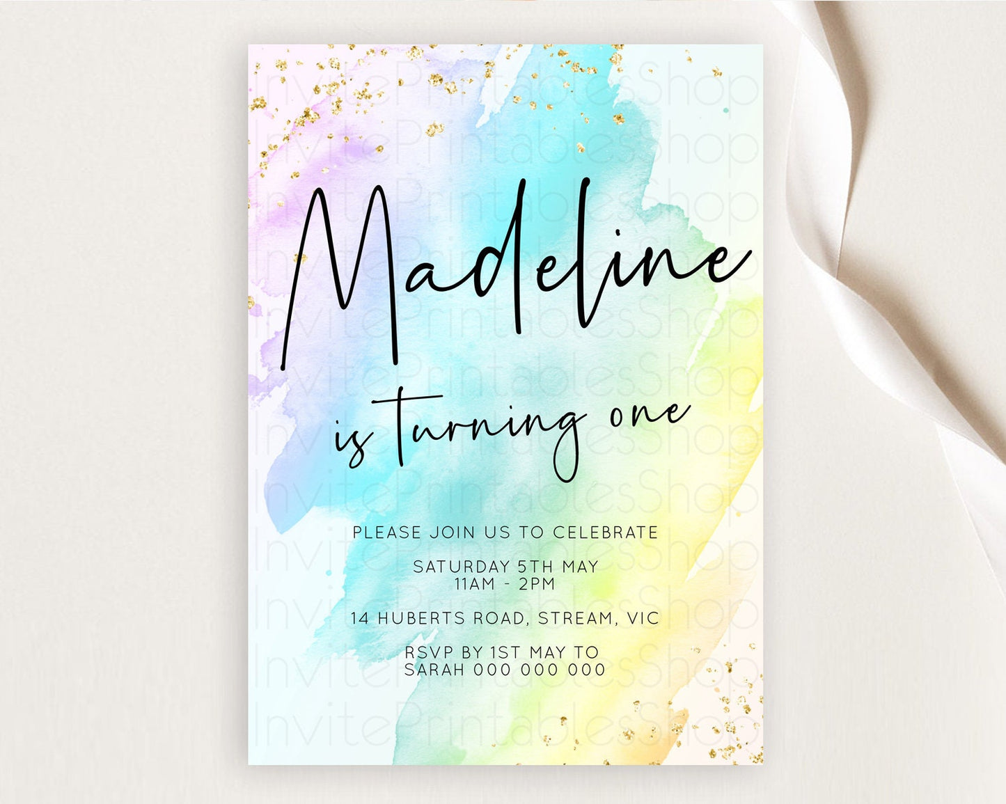 Rainbow Birthday Invitation Colorful Pastel Watercolor Invitation Gold Glitter Sprinkles Ombre Pastel 1st 2nd 3rd Birthday D10171