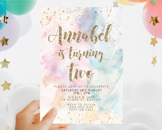 Rainbow Birthday Invitation Colorful Pastel Watercolor Invitation Gold Glitter Sprinkles Ombre Pastel 1st 2nd 3rd Birthday D10264