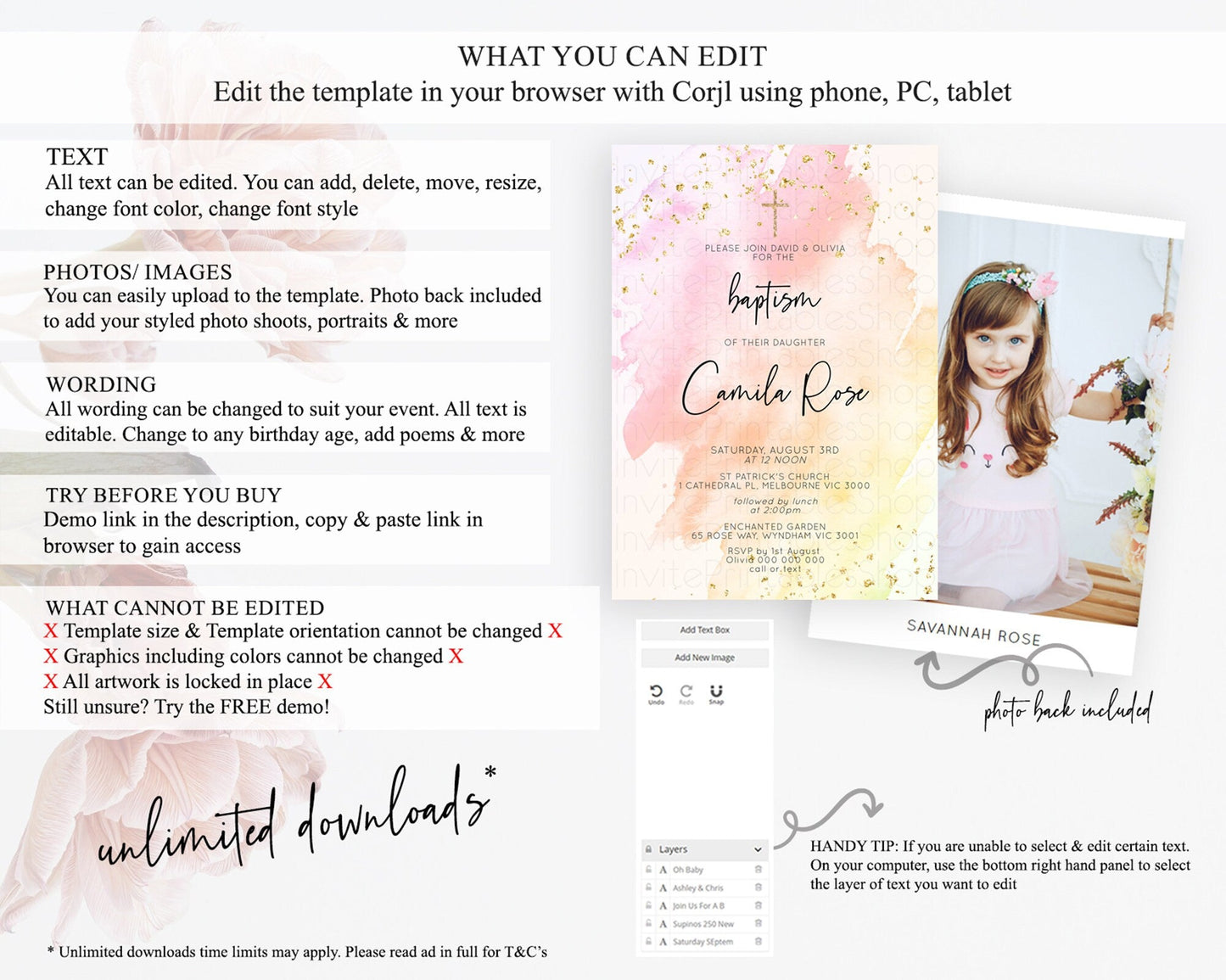Pink Baptism Invitation Pink Watercolor Baptism 1st Birthday Invitation Pastel Pink Watercolor Christening Invite Pink Splash D10167
