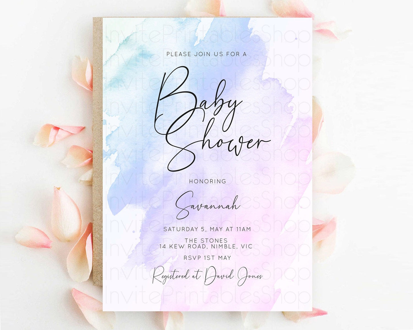 Purple Baby Shower Invitation Purple Watercolor Baby Shower Invitation Pastel Purple Watercolor Invitation Purple Splash Invitation D10165