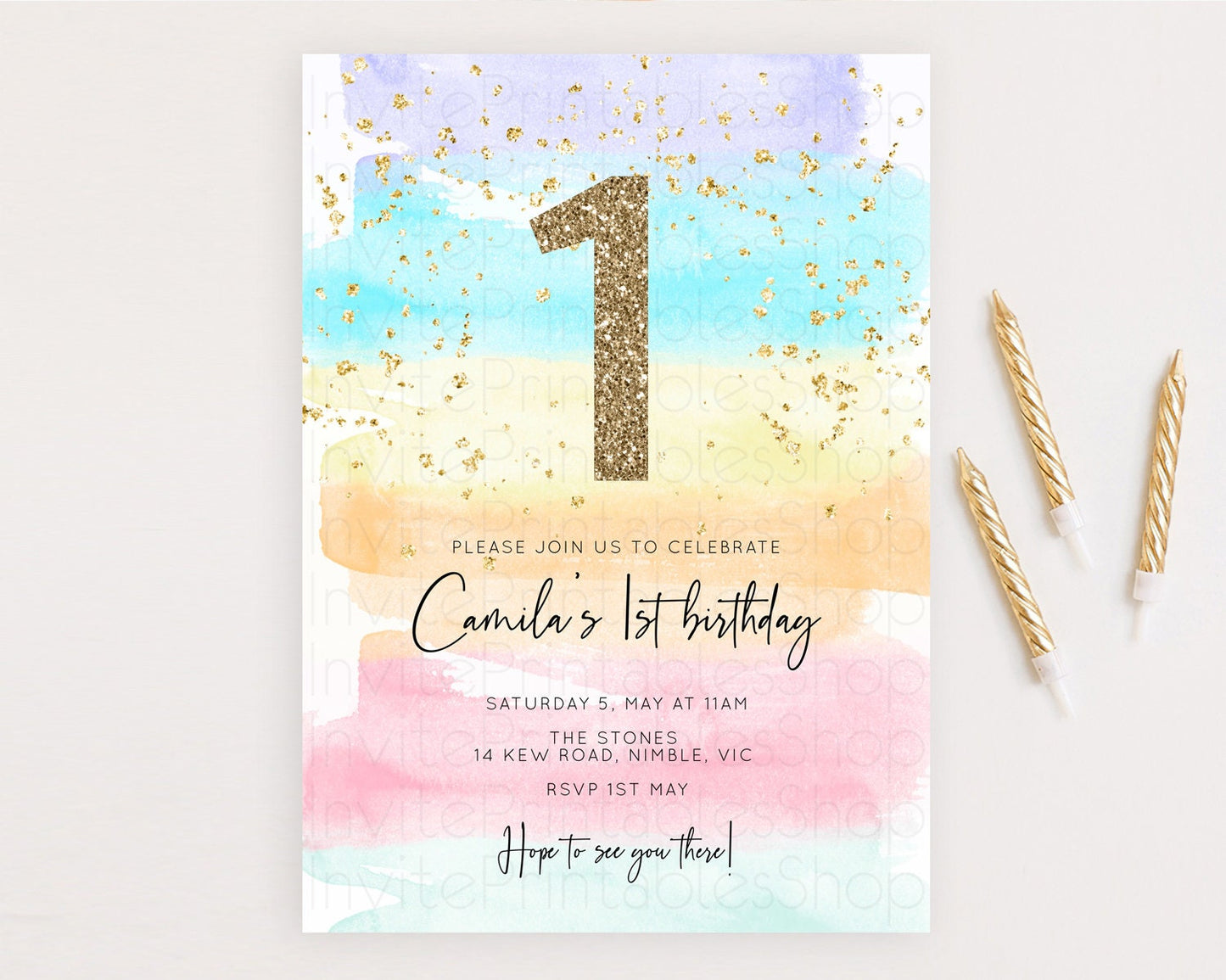 Rainbow Birthday Invitation Colorful Pastel Watercolor Invitation Gold Glitter Sprinkles Ombre Pastel 1st 2nd 3rd Birthday D10505