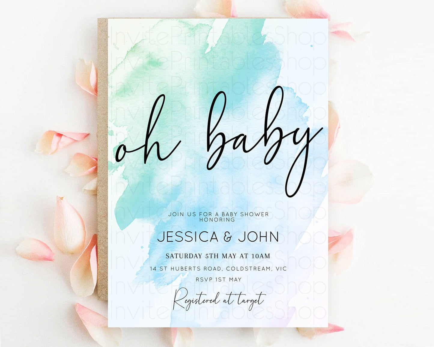 Blue Baby Shower Invitation Blue Watercolor Baby Shower Invitation Pastel Blue Watercolor Invitation Blue Splash Gold Invitation D10168