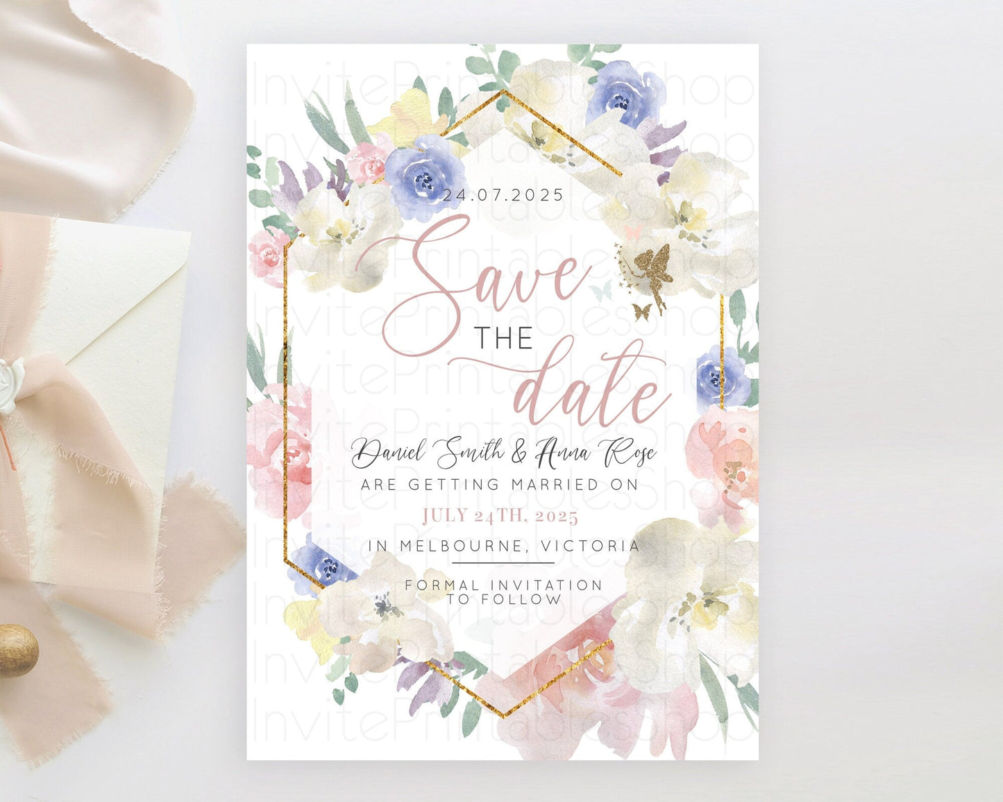 Fairy Save The Date Template Enchanted Garden Pastel Floral Butterfly Party Secret Garden Birthday Baptism Baby Shower Bridal Shower D10829