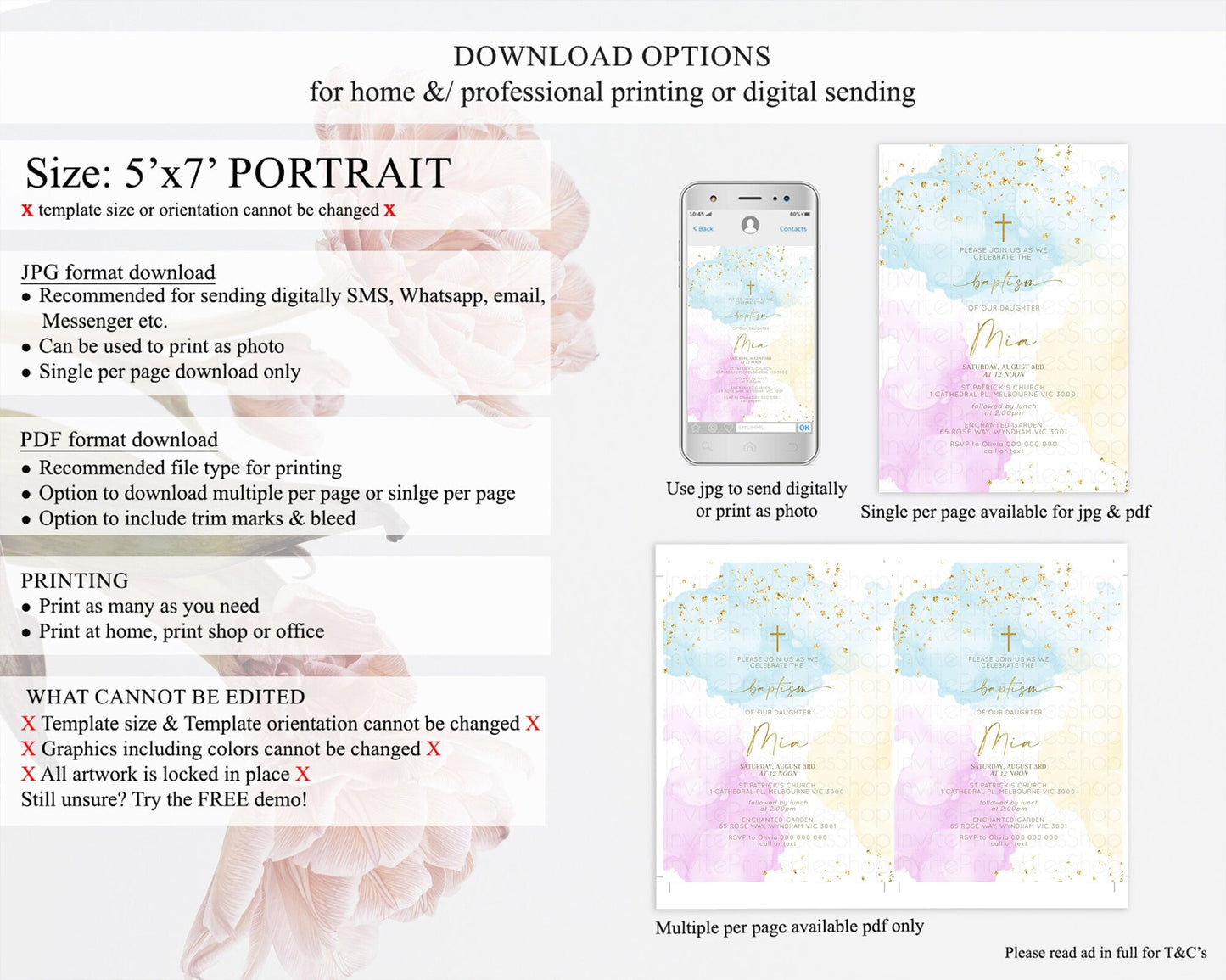 Pastel Baptism Invitation Pastel Colors Watercolor Baptism 1st Birthday Party Gold Ombre Pastel Rainbow Christening Holy Communion D10204